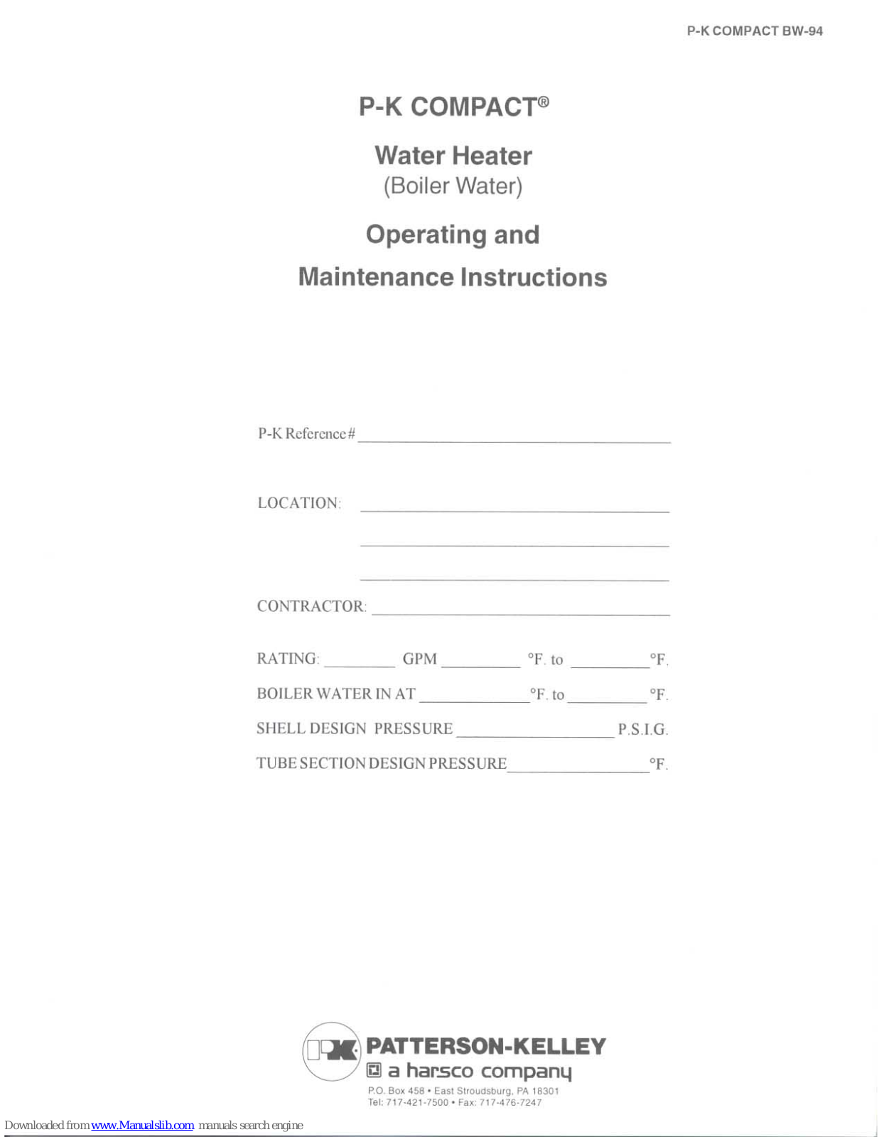 Patterson-Kelley P-K Compact BW-94 Operating And Maintenance Instructions Manual