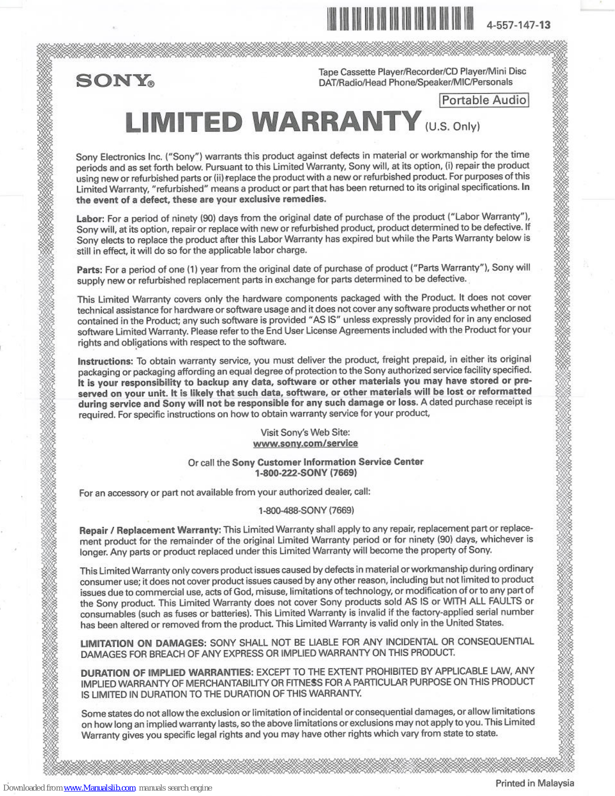 Sony ICD-SX750 - Digital Flash Voice Recorder,ICD-SX750D - Digital Voice Recorder,ICD-UX300 - Digital Flash Voice Recorder,ICD-SX750 Limited Warranty