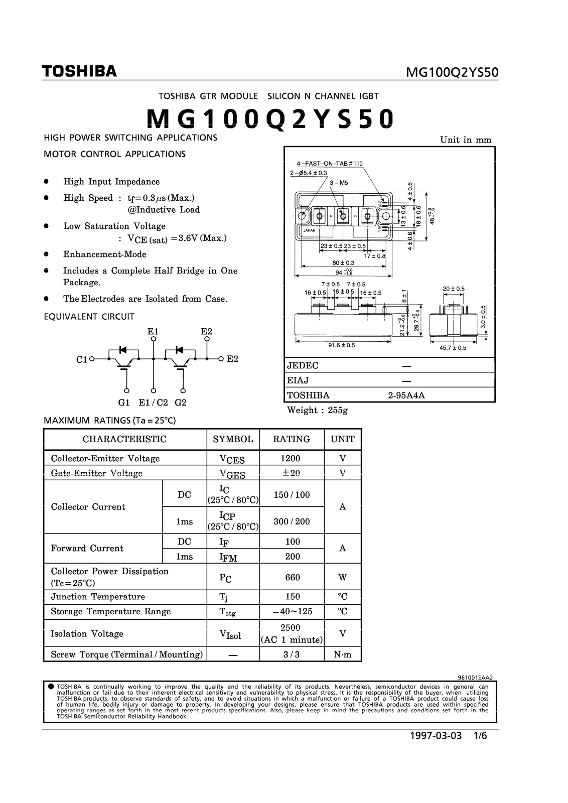 Toshiba MG100Q2YS50 Datasheet