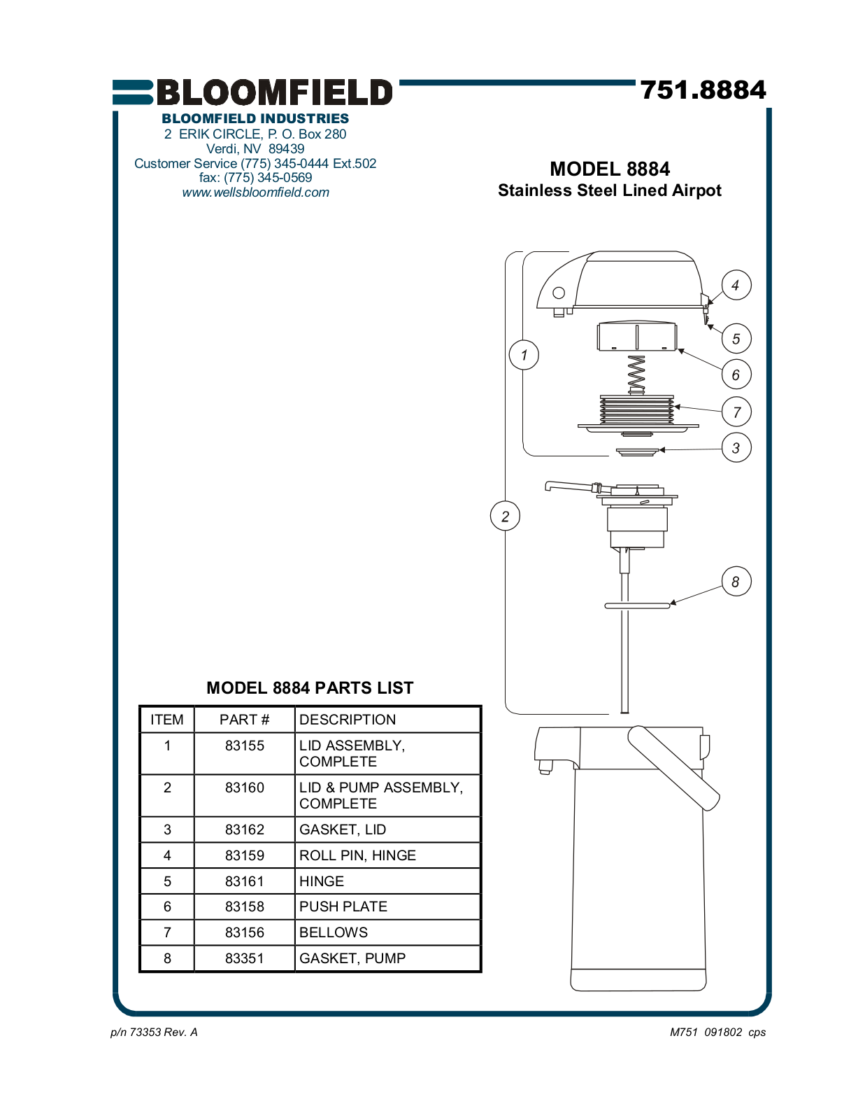 Bloomfield 8884 Operation Manual