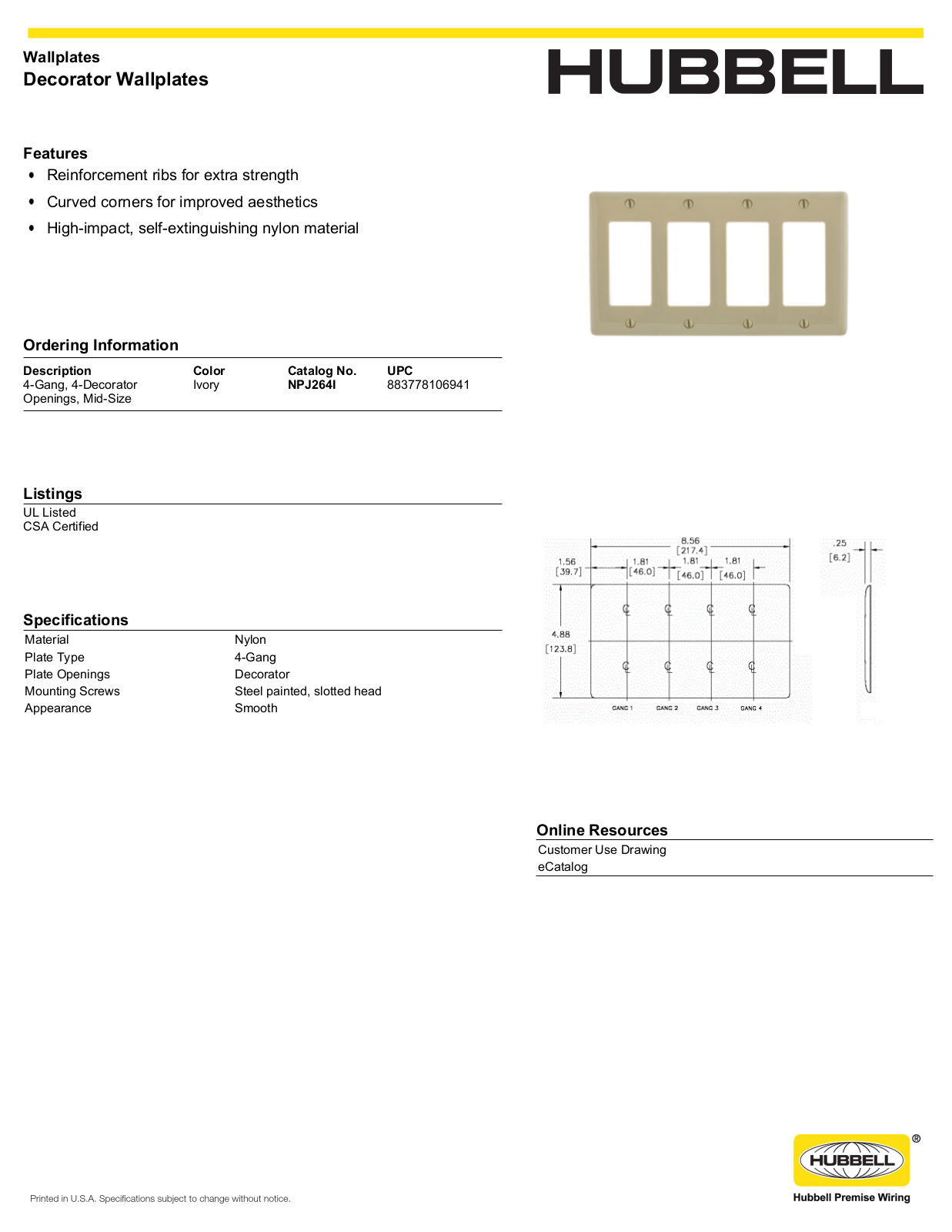 Hubbell NPJ264I Specifications