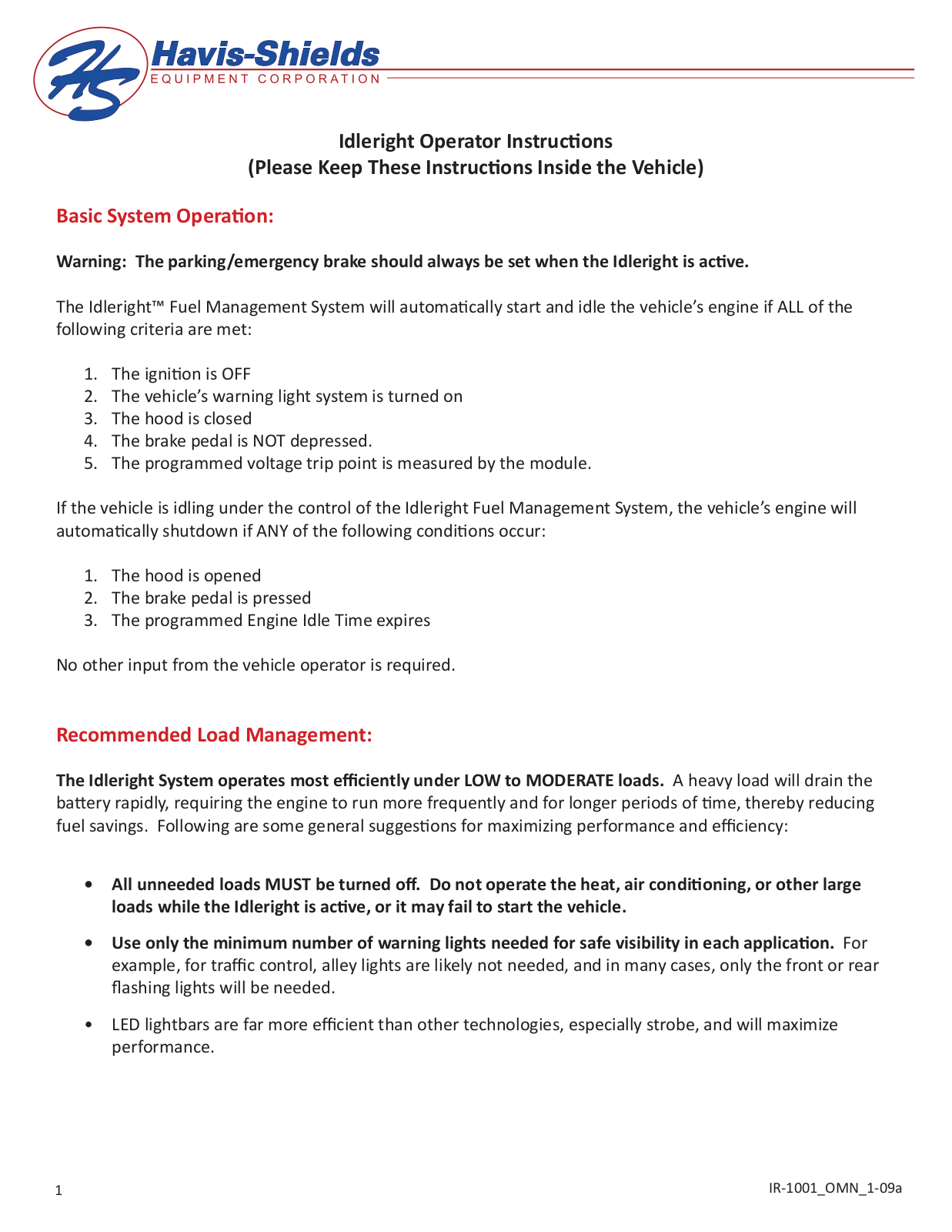 Havis-Shields Idleright User Manual