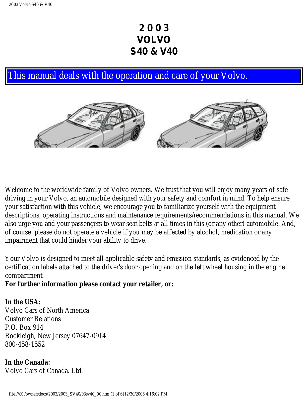 Volvo S40 2003, V40 2003 Owner Manual