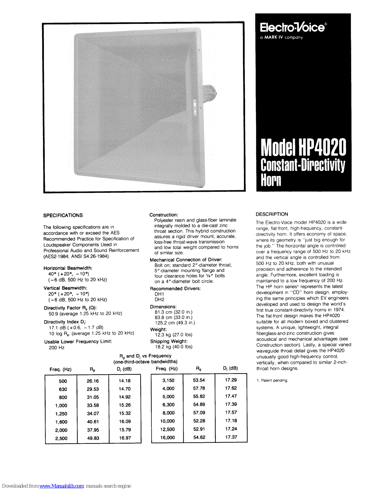 Electro-Voice HP4020 Specifications