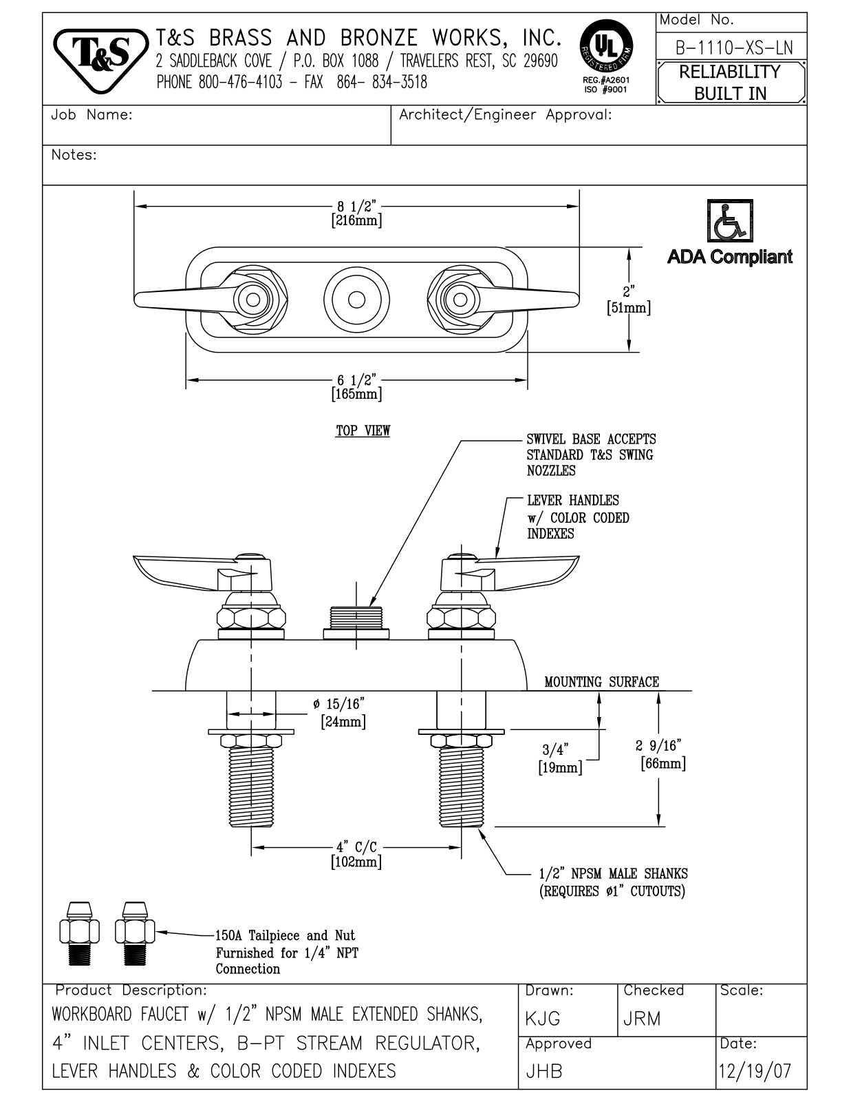 T & S Brass & Bronze Works B-1110-XS-LN General Manual