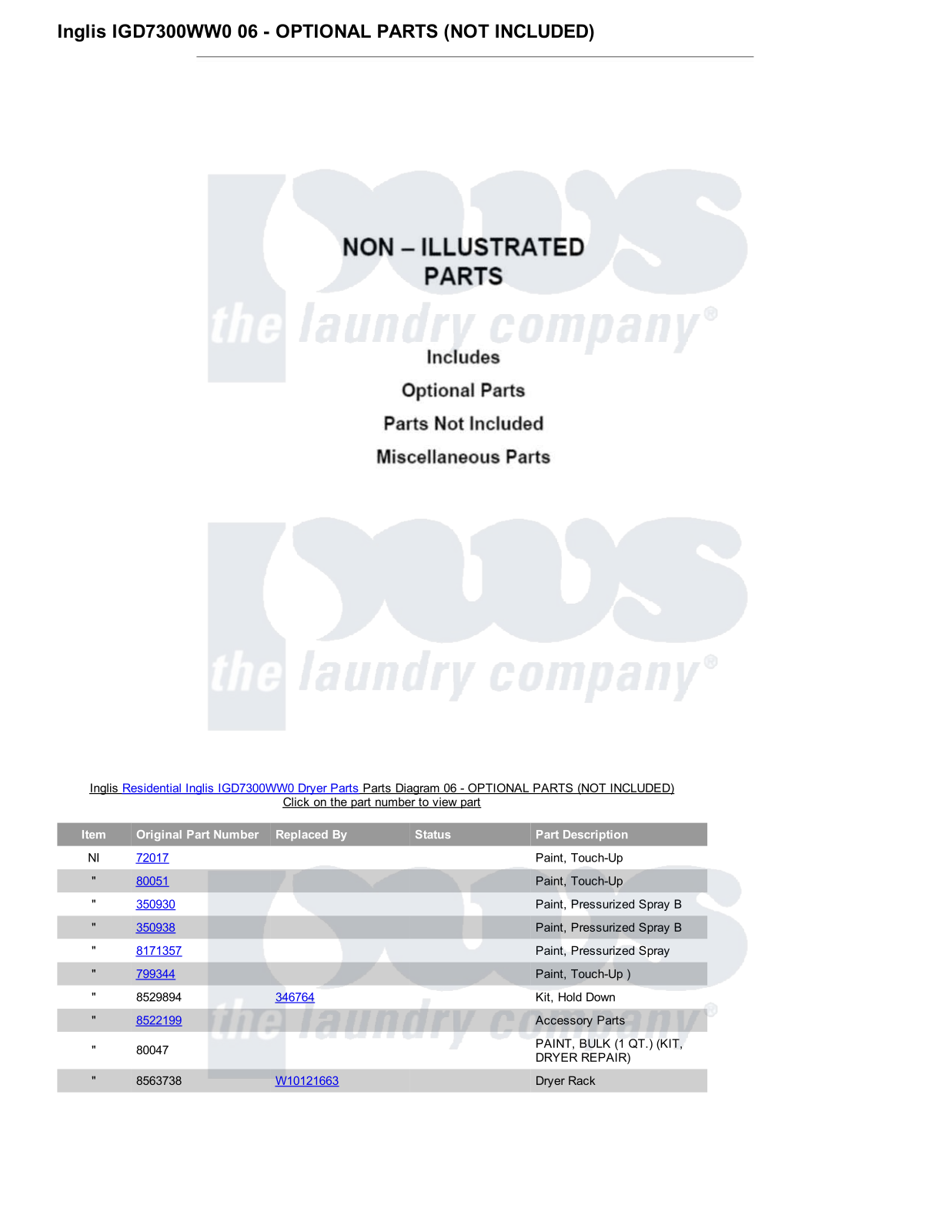 Inglis IGD7300WW0 Parts Diagram