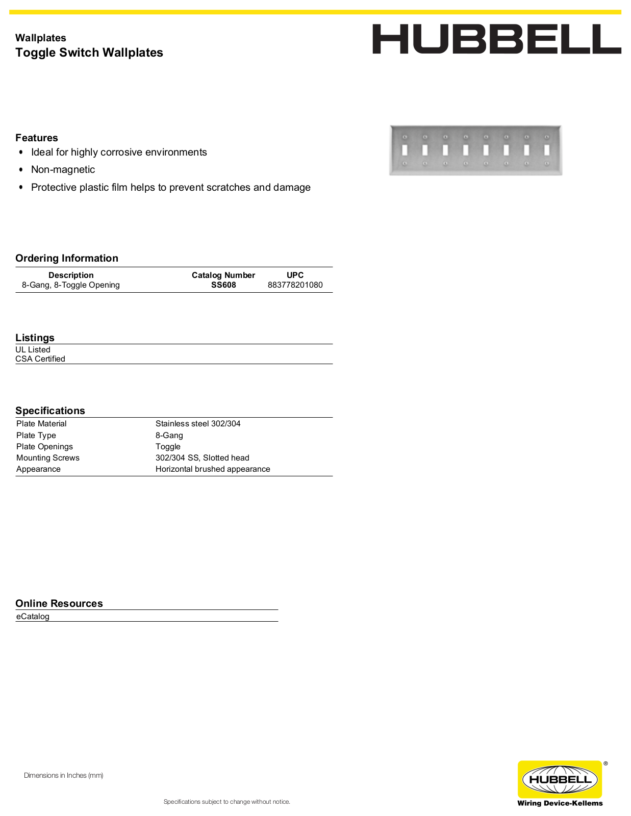 Hubbell SS608 Specifications