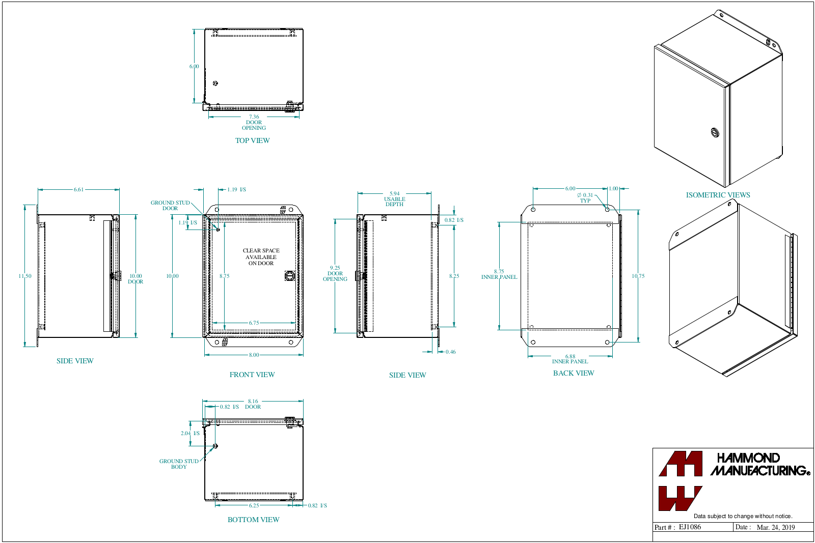 Hammond Manufacturing EJ1086 technical drawings