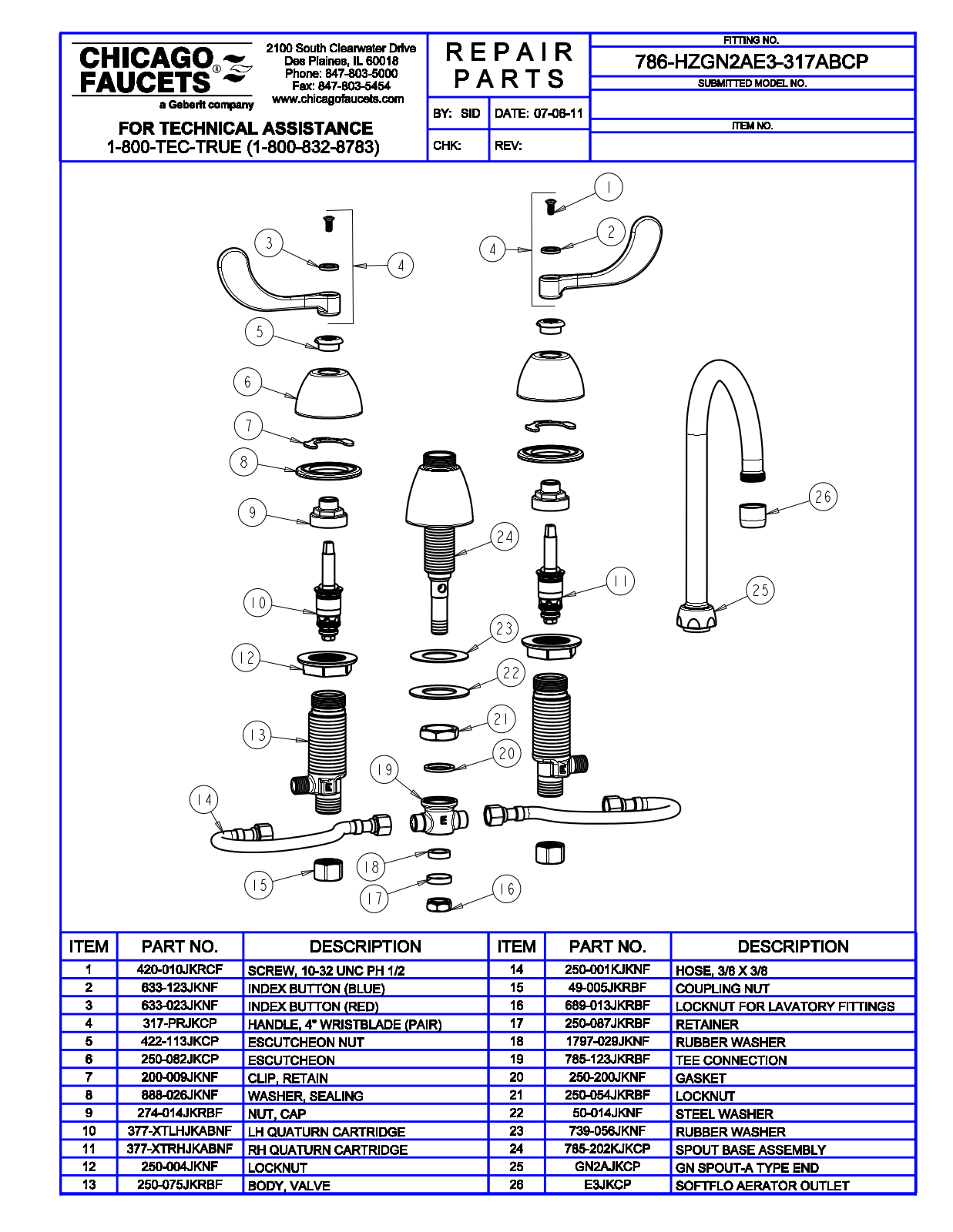 Chicago Faucet 786-HZGN2AE3-317AB Parts List