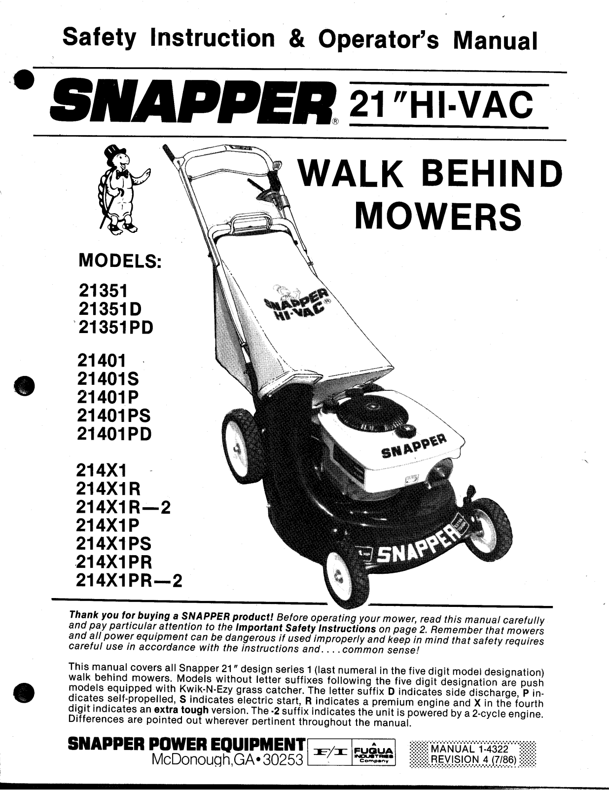 Snapper 21401, 214X1PR, 214X1, 21401PD, 214X1PR-2 User Manual