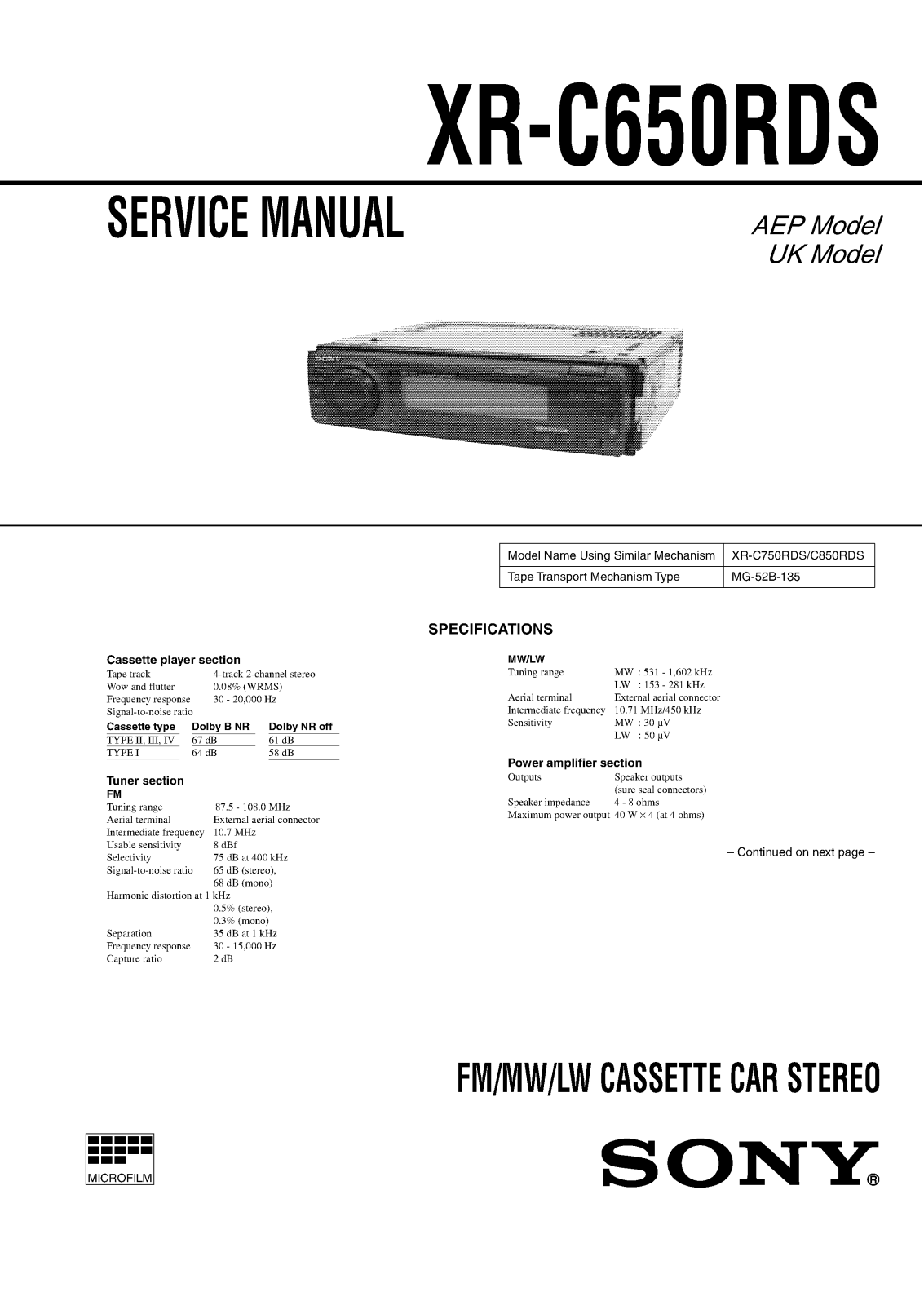 Sony XR-C650RDS Service Manual
