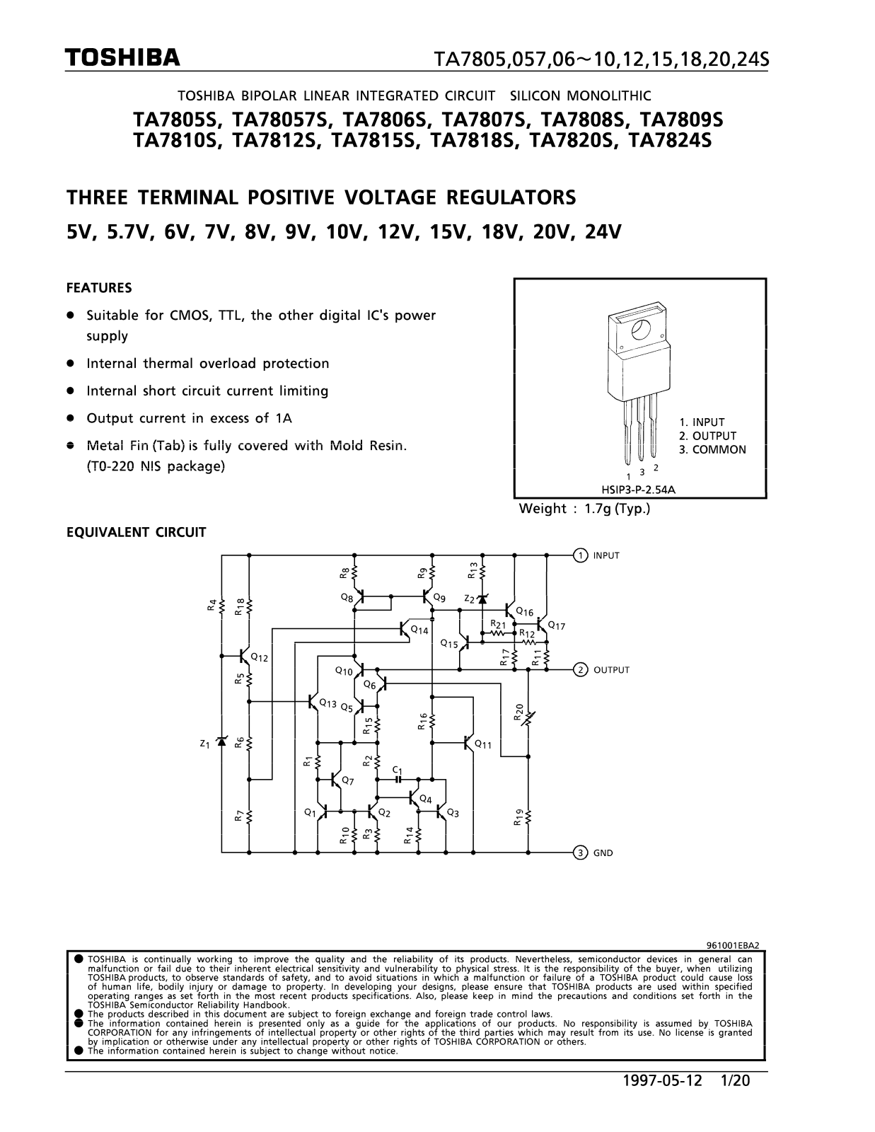 Toshiba TA7808S, TA7806S Datasheet