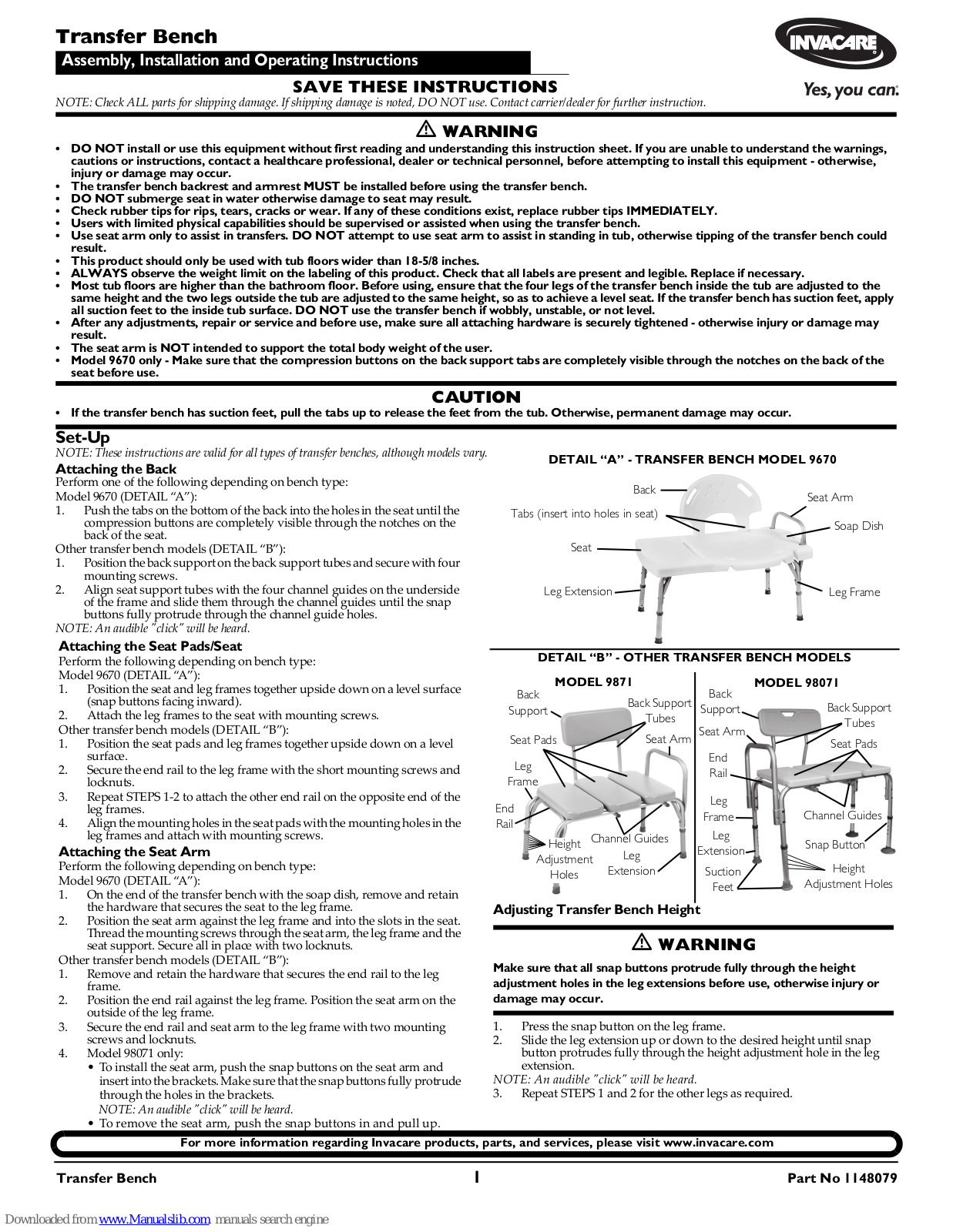 Invacare 9670, 9871, 98071 Operating Instructions Manual