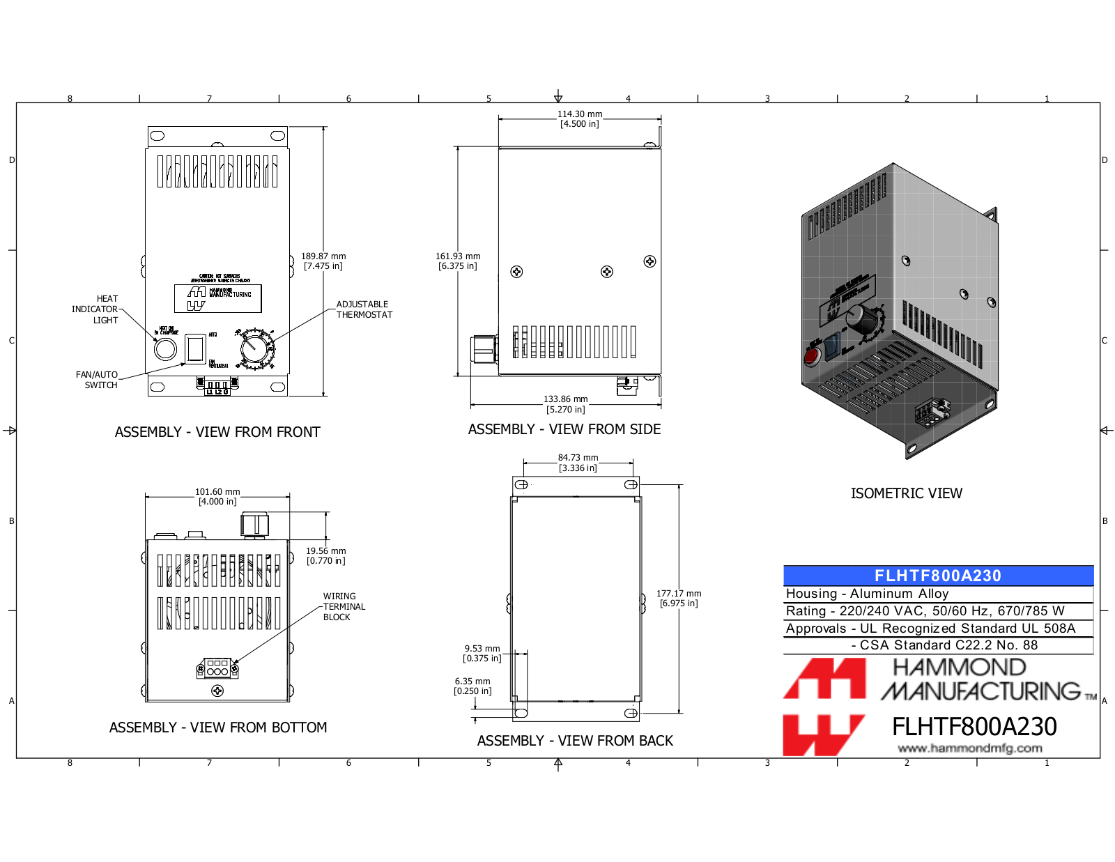 Hammond Manufacturing FLHTF800A230 technical drawings