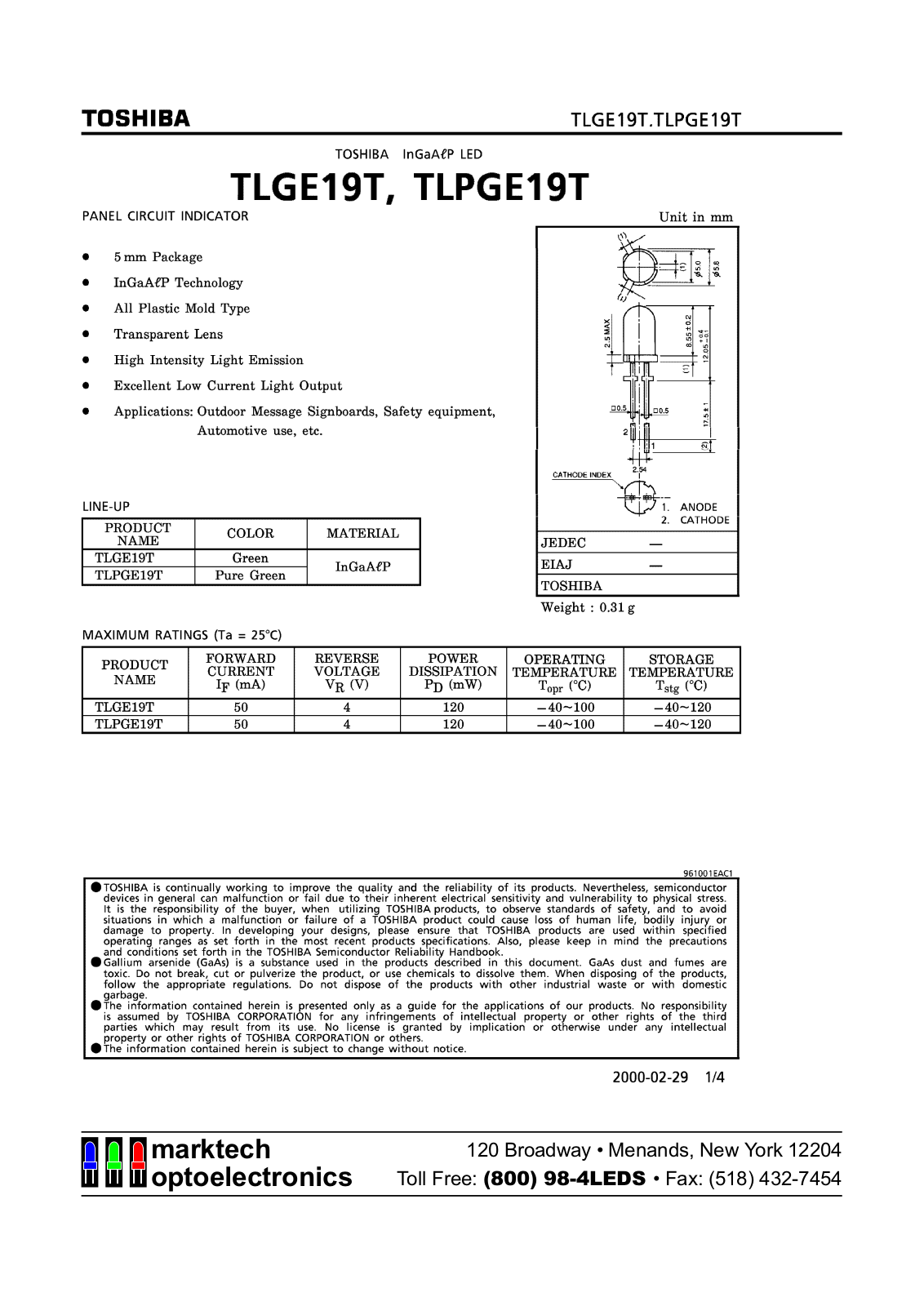 Marktech TLPGE19T, TLGE19T Datasheet