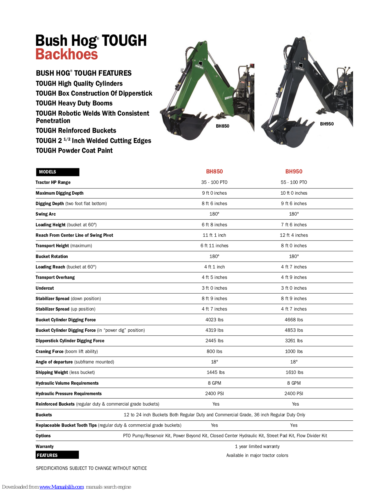 Bush Hog TOUGH BH850, TOUGH BH950 Specifications