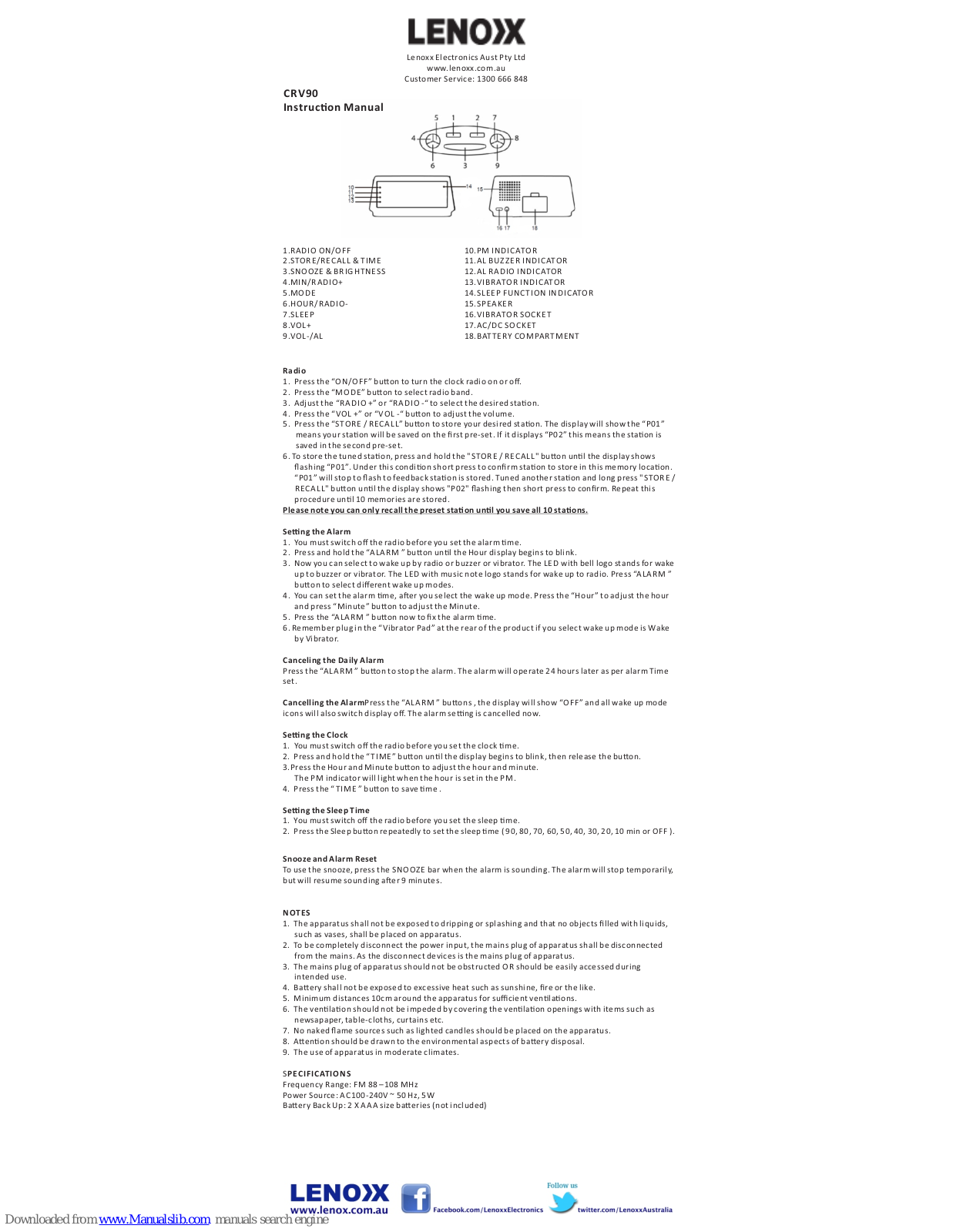 Lenoxx CRV90 Instruction Manual