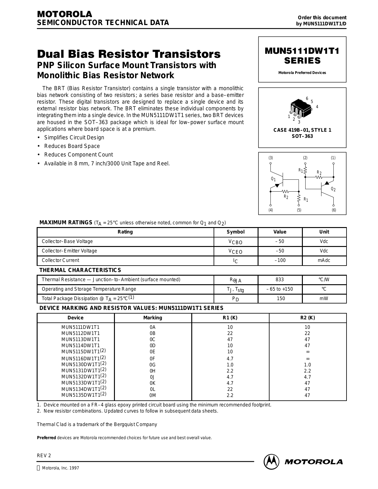 Motorola MUN5111DW1T1, MUN5112DW1T1, MUN5133DW1T1, MUN5134DW1T1, MUN5135DW1T1 Datasheet