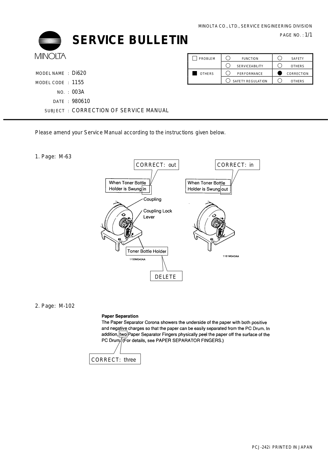 Minolta 1155 SERVICE BULLETIN 1155003A