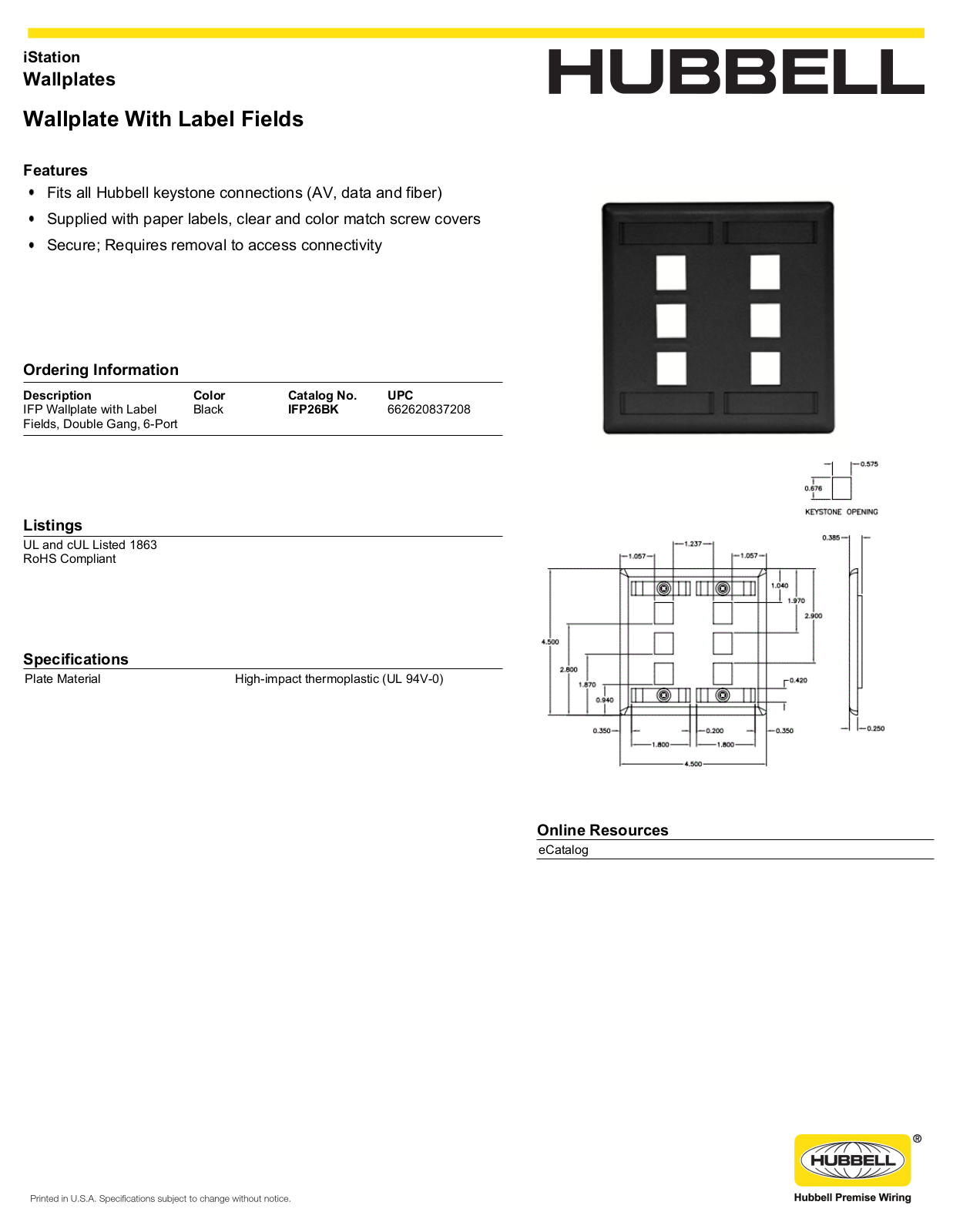 Hubbell IFP26BK Specifications