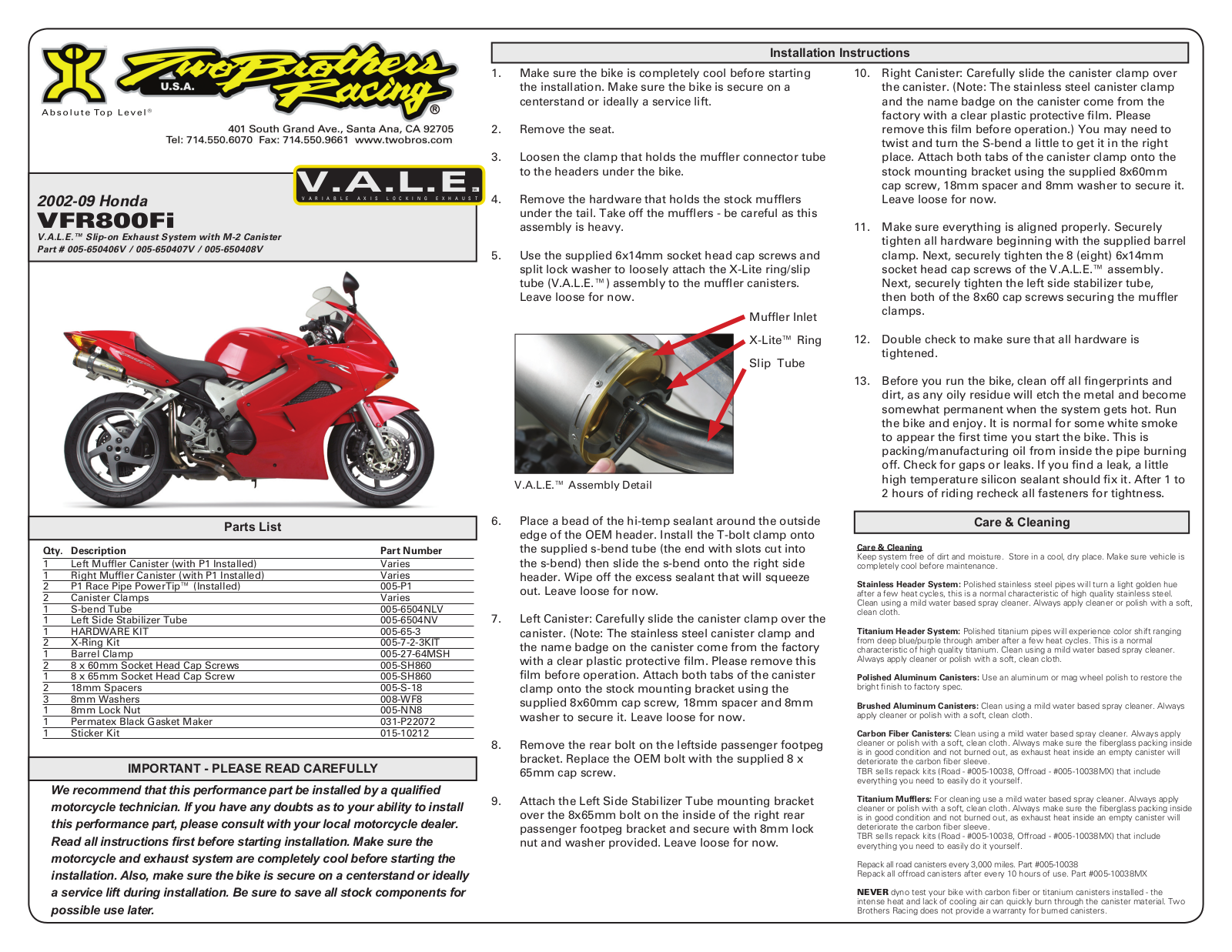 Two Brothers Racing VFR800Fi User Manual