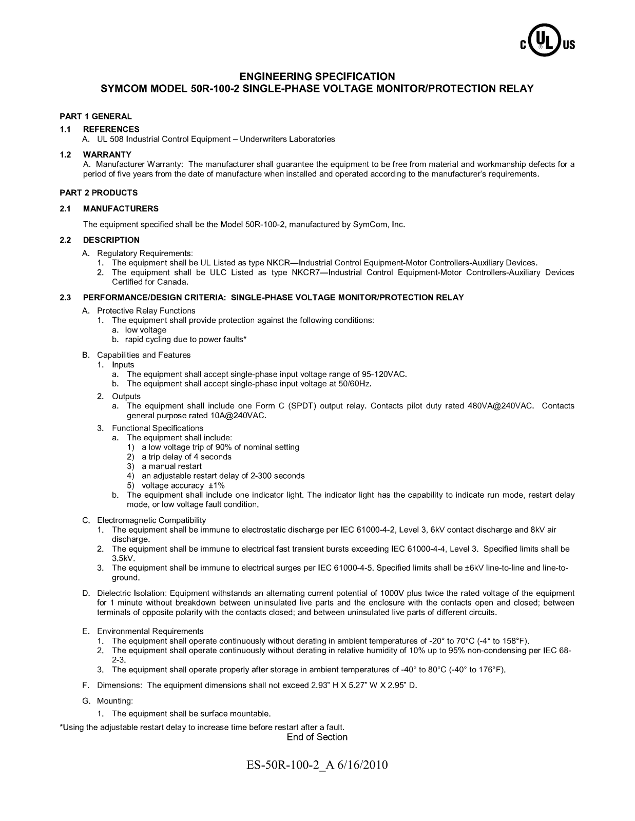 Symcom 50R-100-2 Engineering Specification - ManualMachine.com