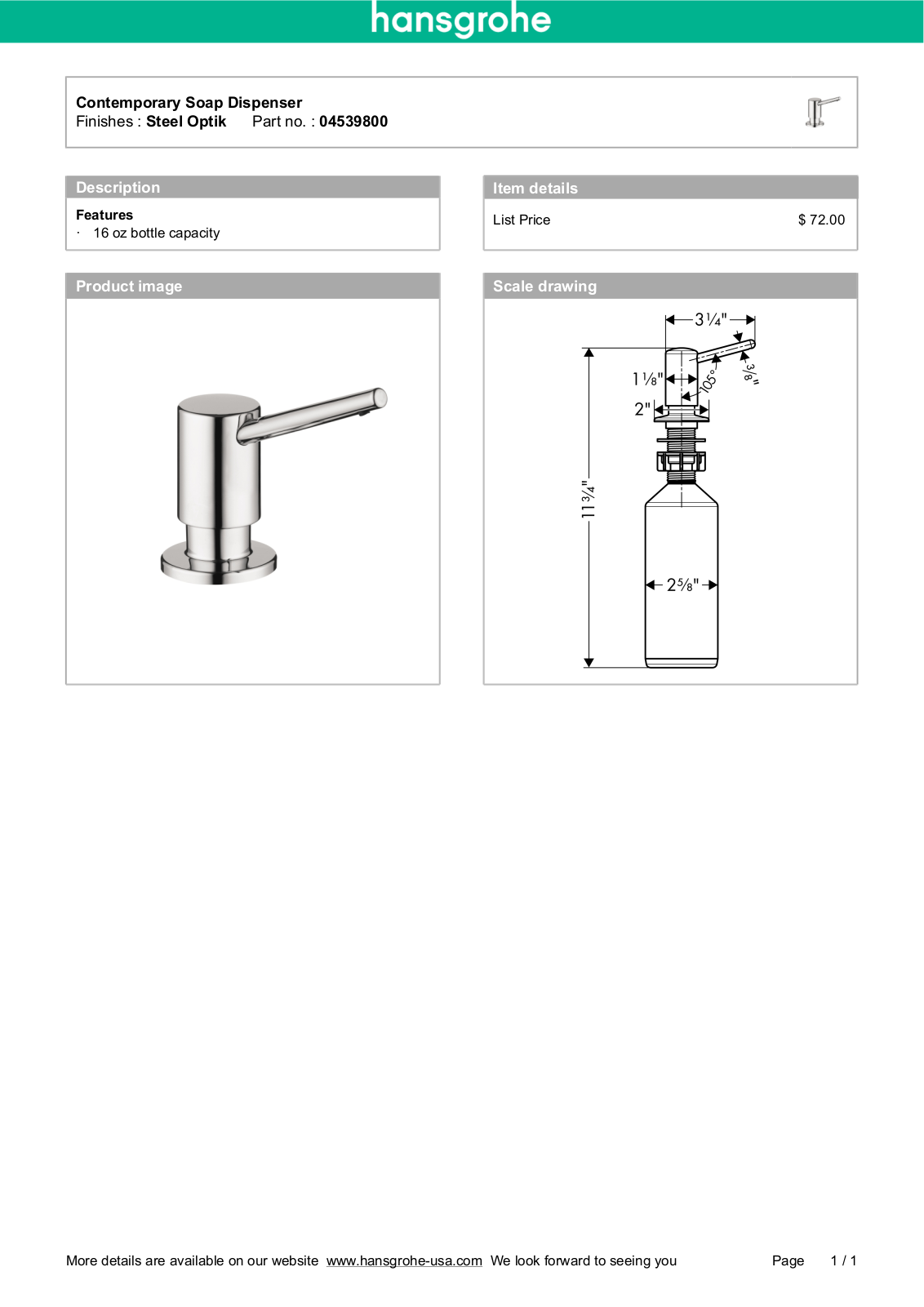 Hansgrohe 04539000 Specs