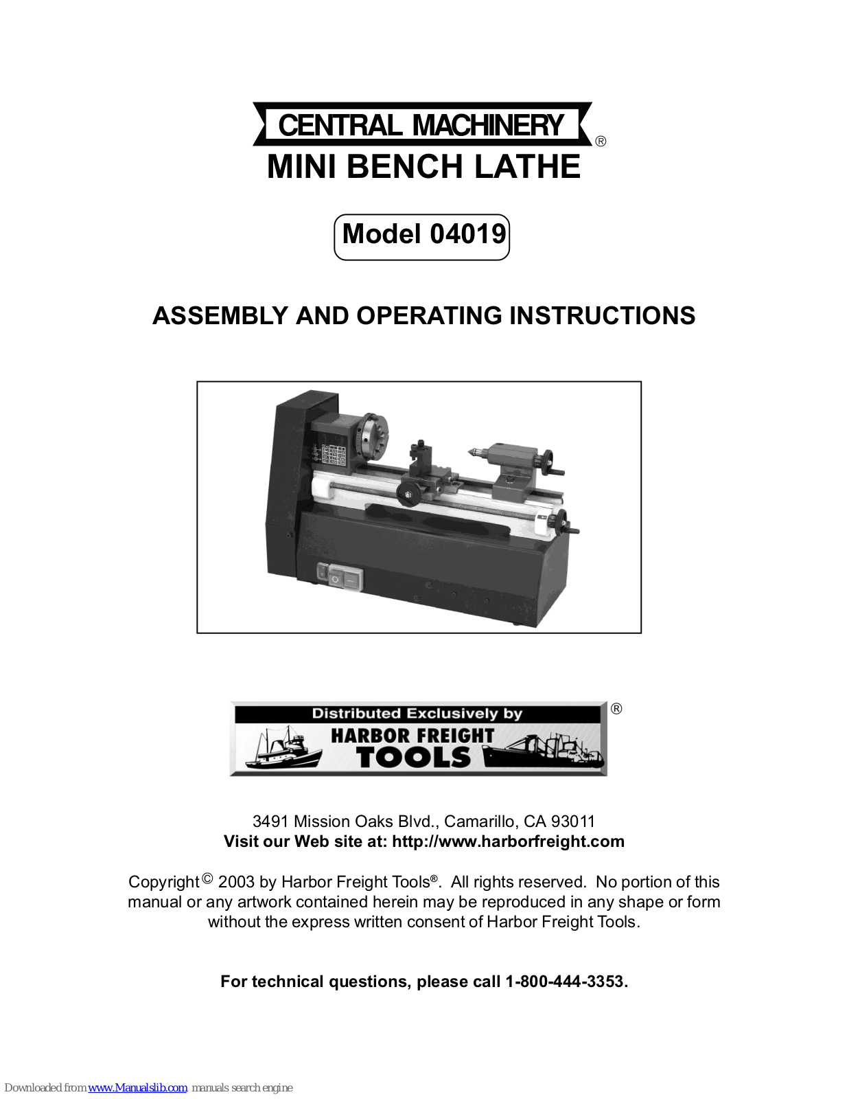 Central Machinery MINI BENCH 4019, 4019 Assembly And Operating Instructions Manual