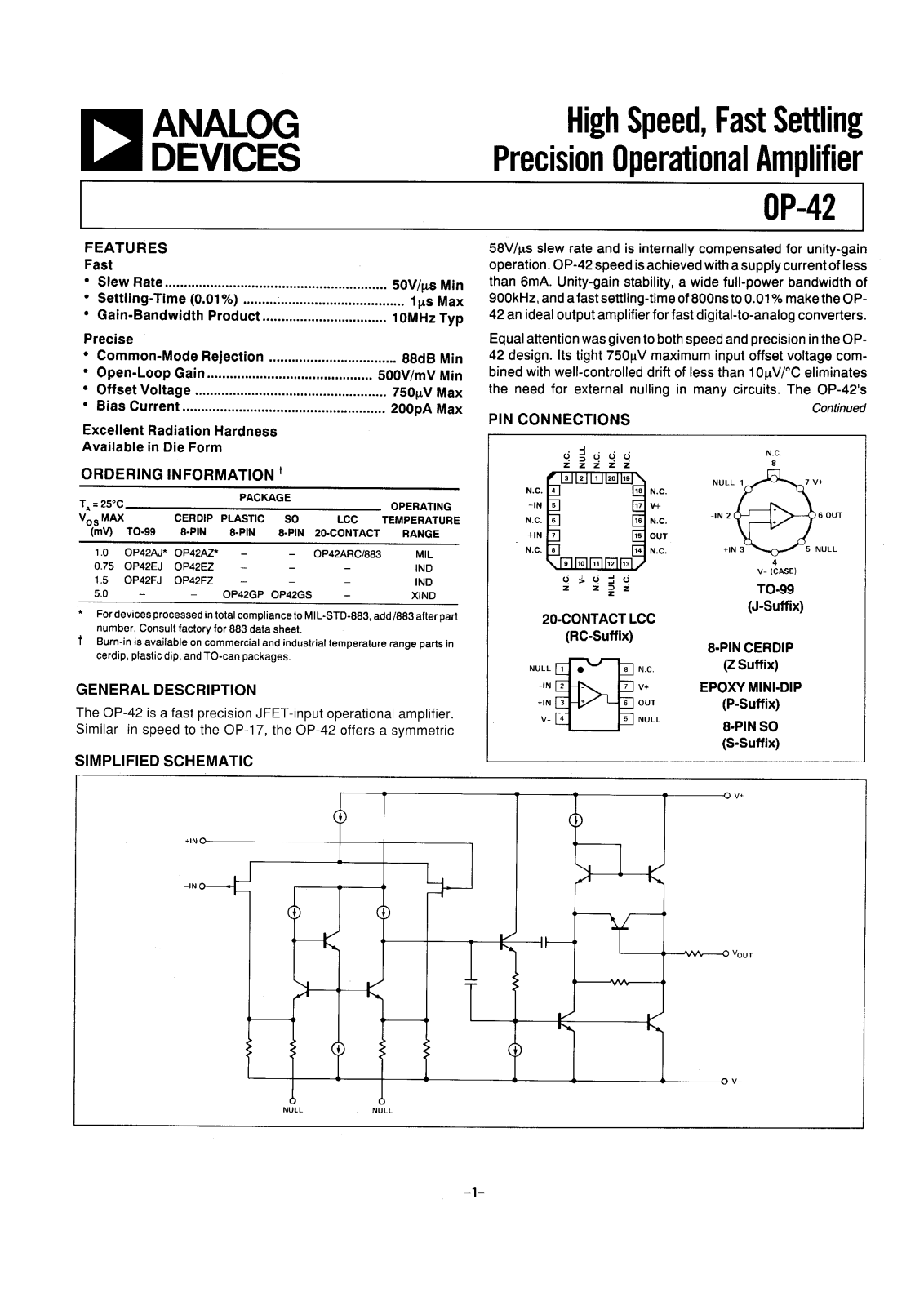 Analog Devices OP42AJ, OP42ARC-883, OP42EJ, OP42EZ, OP42FZ Datasheet