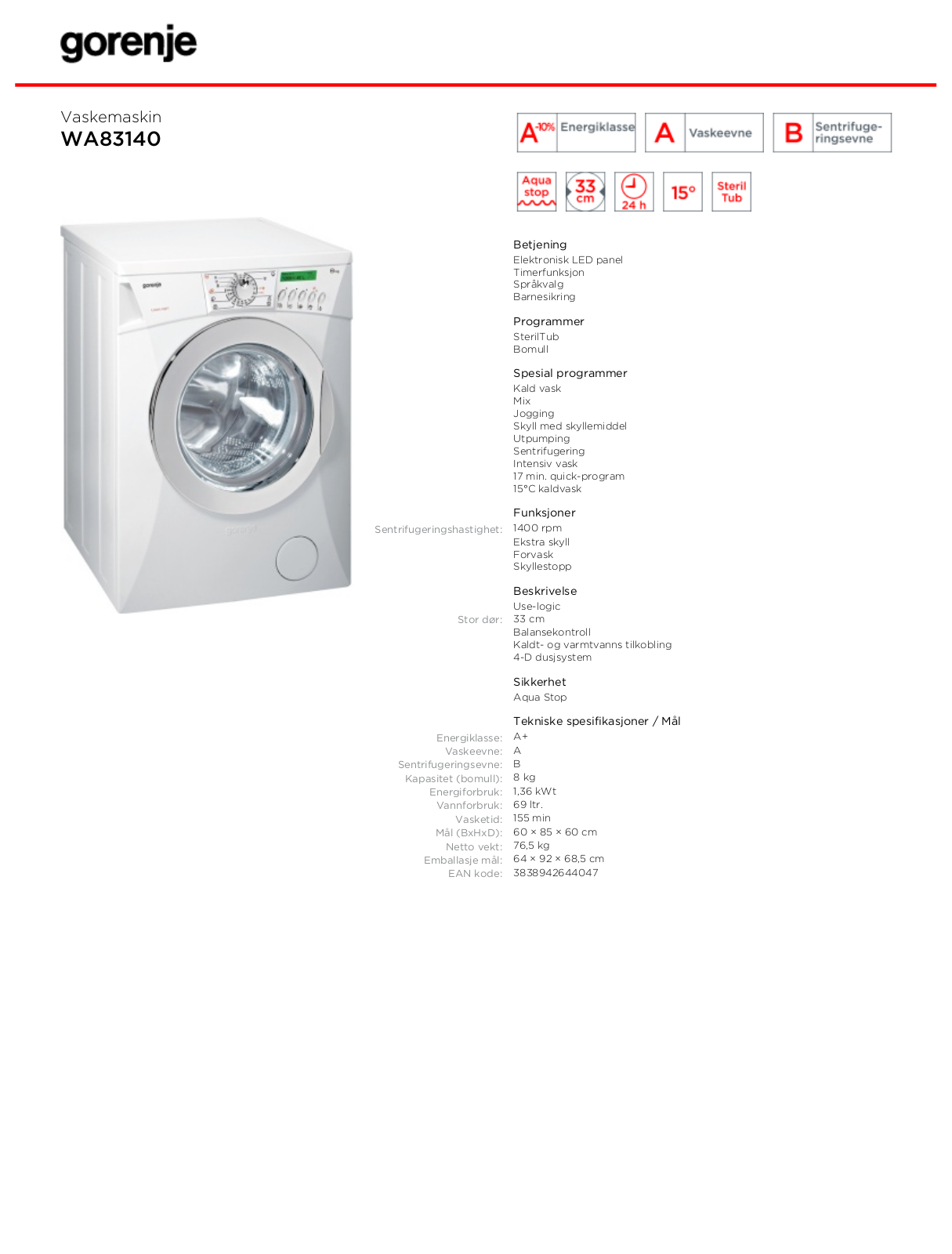 Gorenje WA83140 DATASHEET