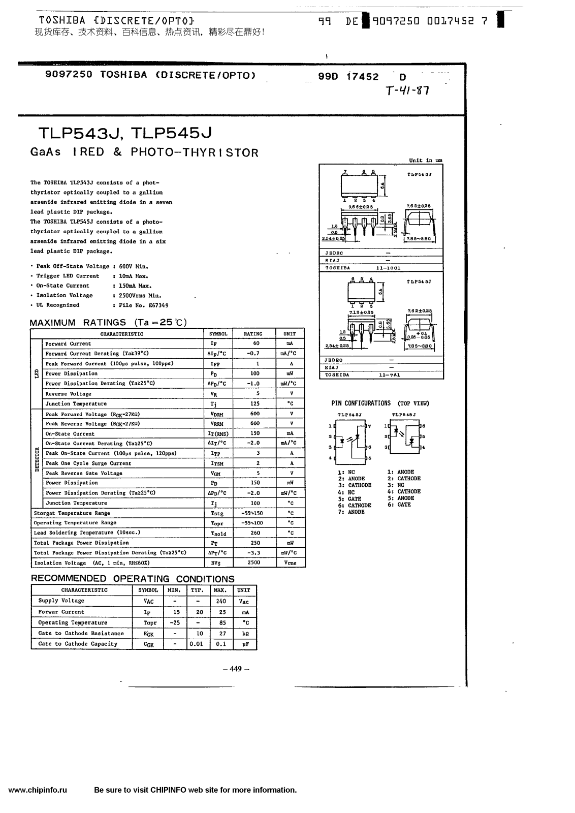 TOSHIBA TLP543J, TLP545J Technical data
