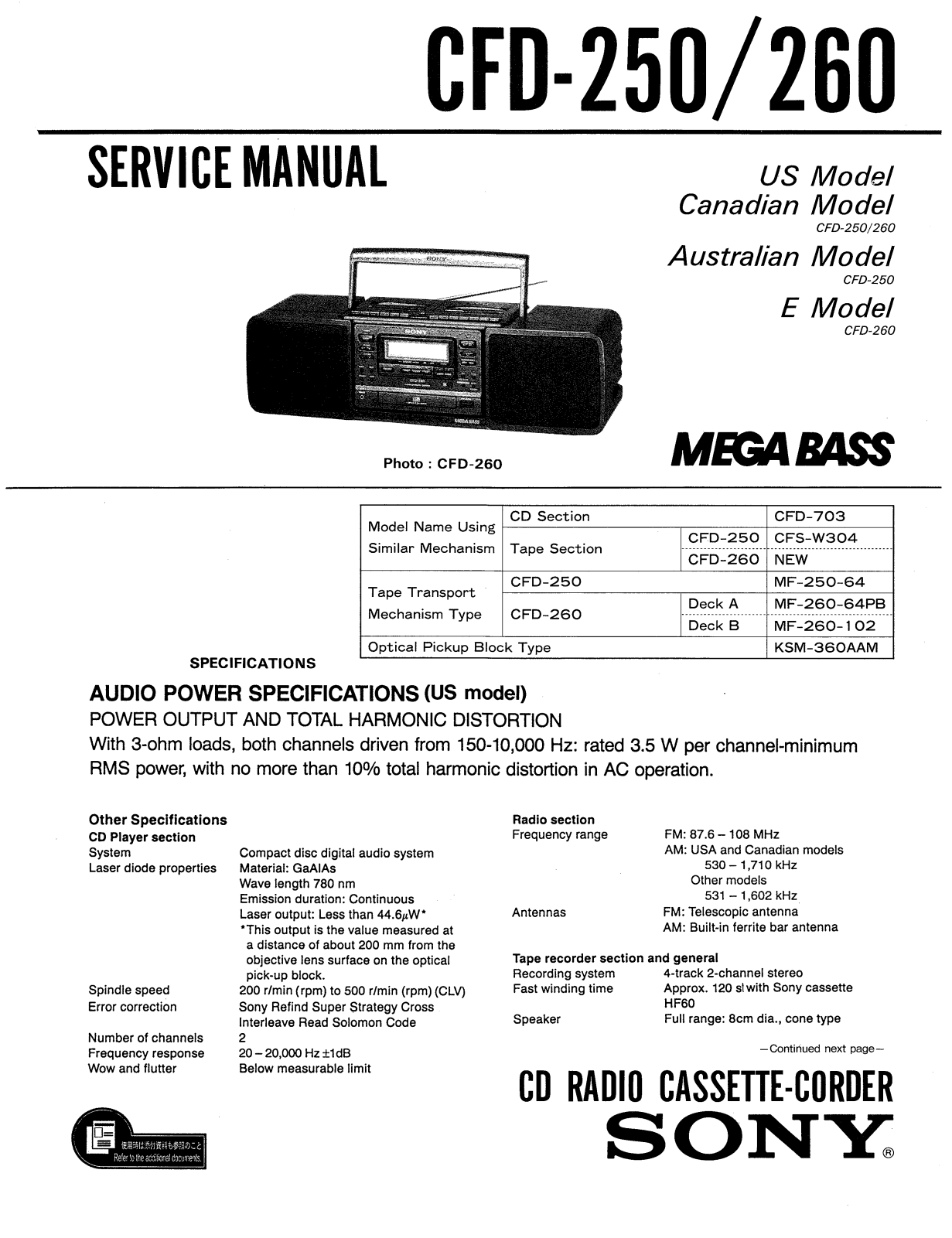 Sony CFD-250-260 Schematic