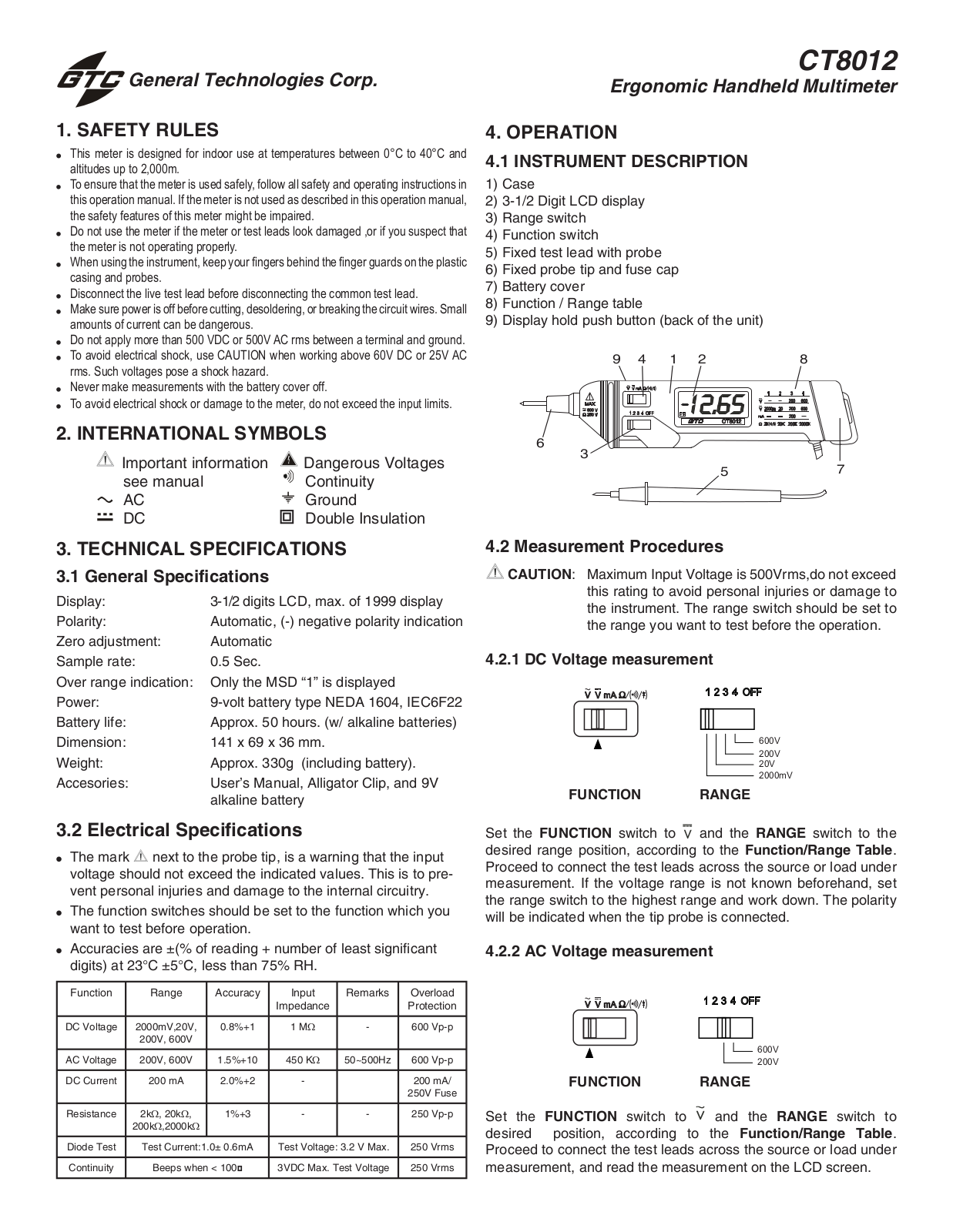 General Technologies CT8012 User Manual