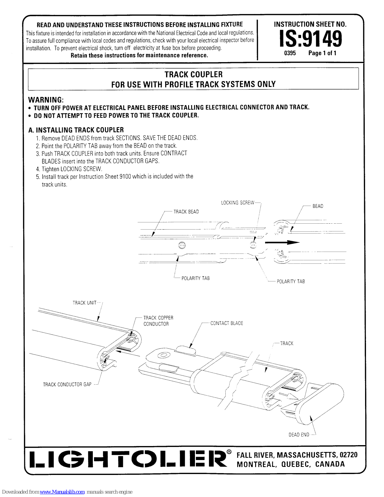 Lightolier TRACK COUPLE, TRACK COUPLER Instructions For Maintenance Reference Manual - ManualMachine.com