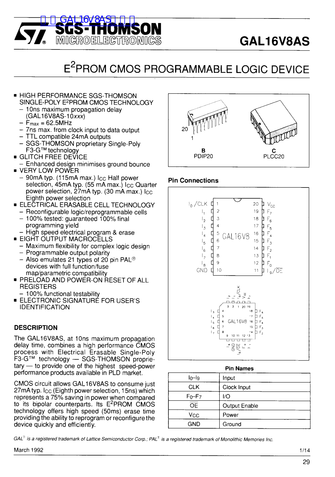 SGS-THOMSON GAL16V8AS Technical data