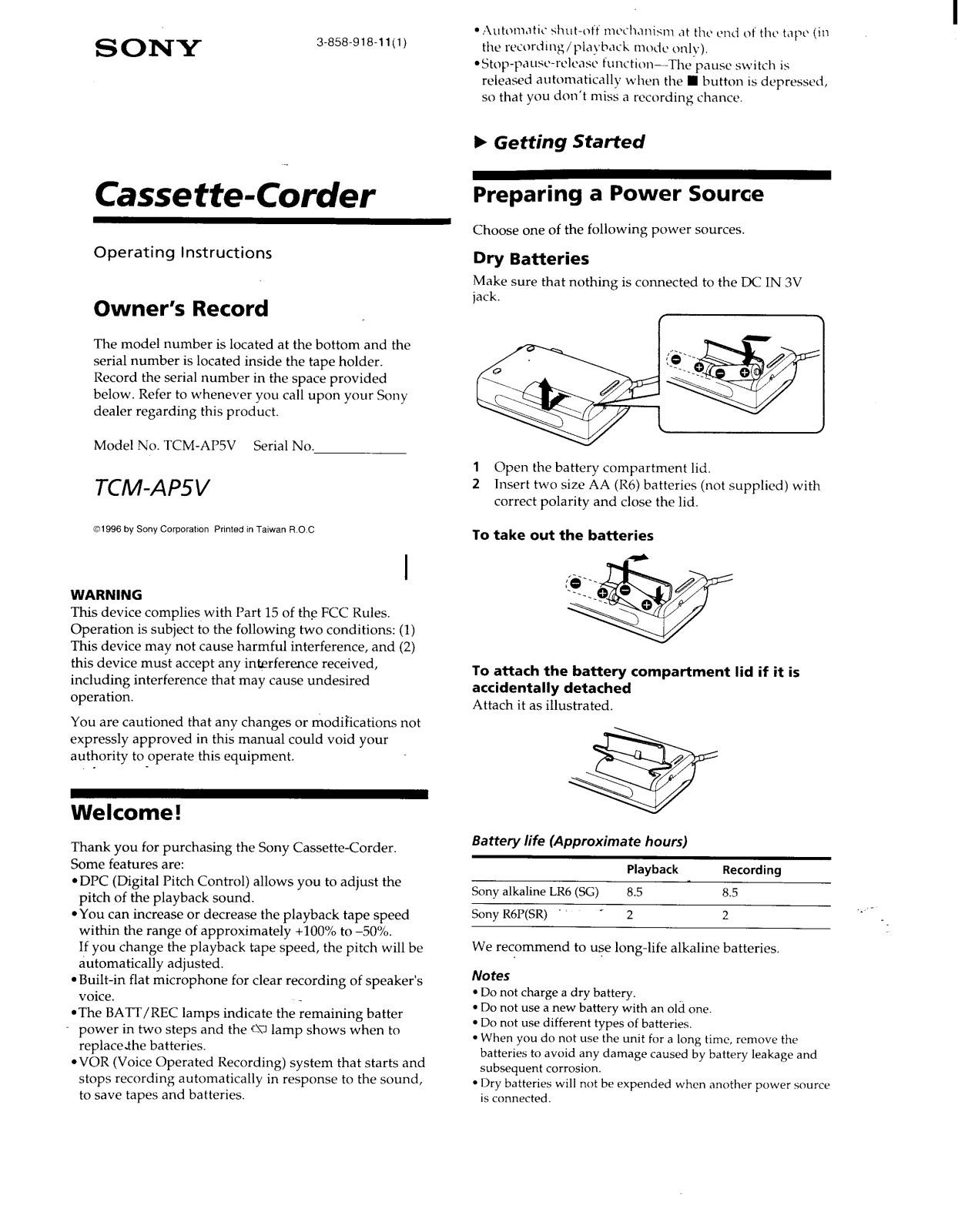 Sony TCM-AP5V User Manual