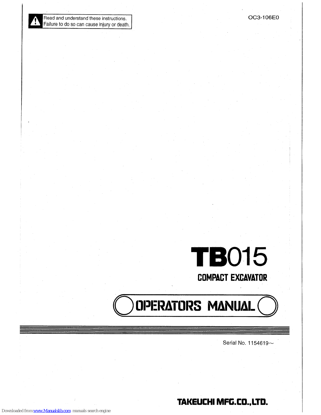 Takeuchi TB015 Operator's Manual