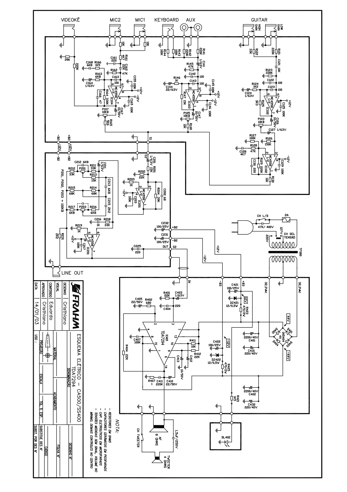 FRAHM CA500B, SS400B, TDA7294 Schematic