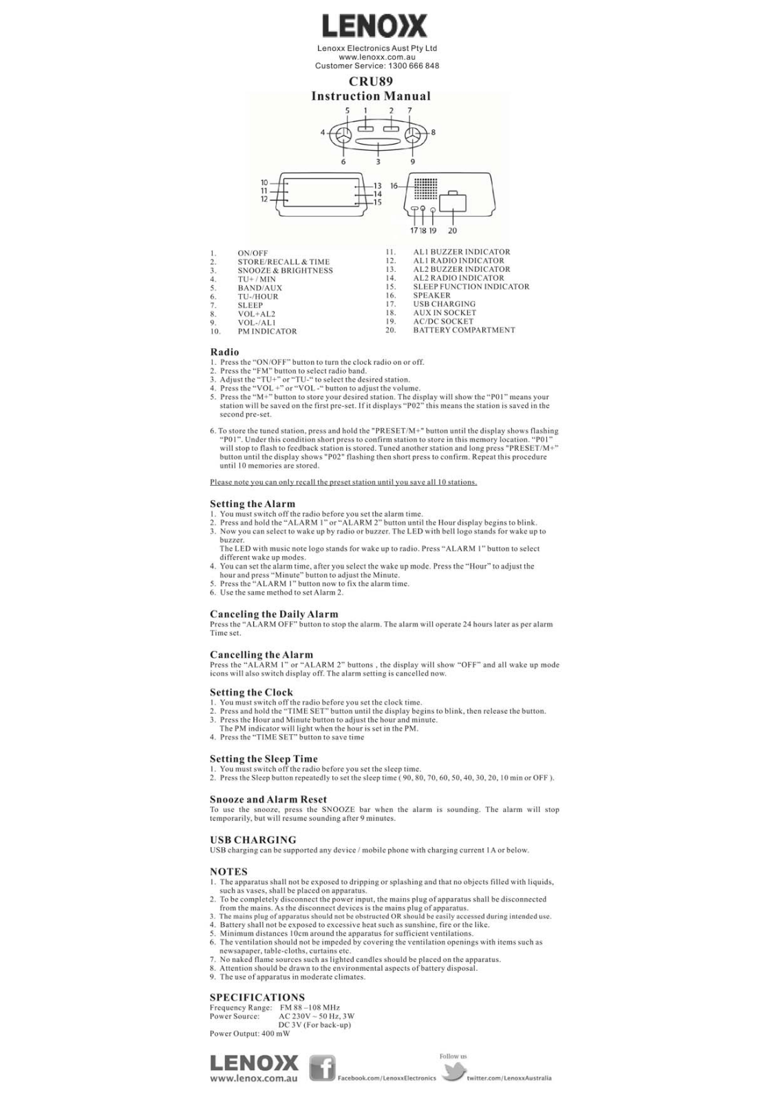 Lenoxx CRU89 User Manual