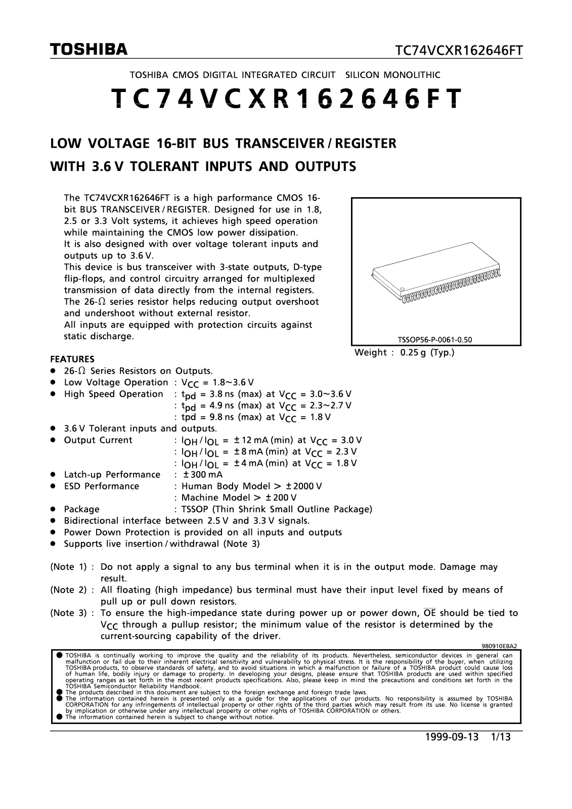 Toshiba TC74VCXR162646FT Datasheet