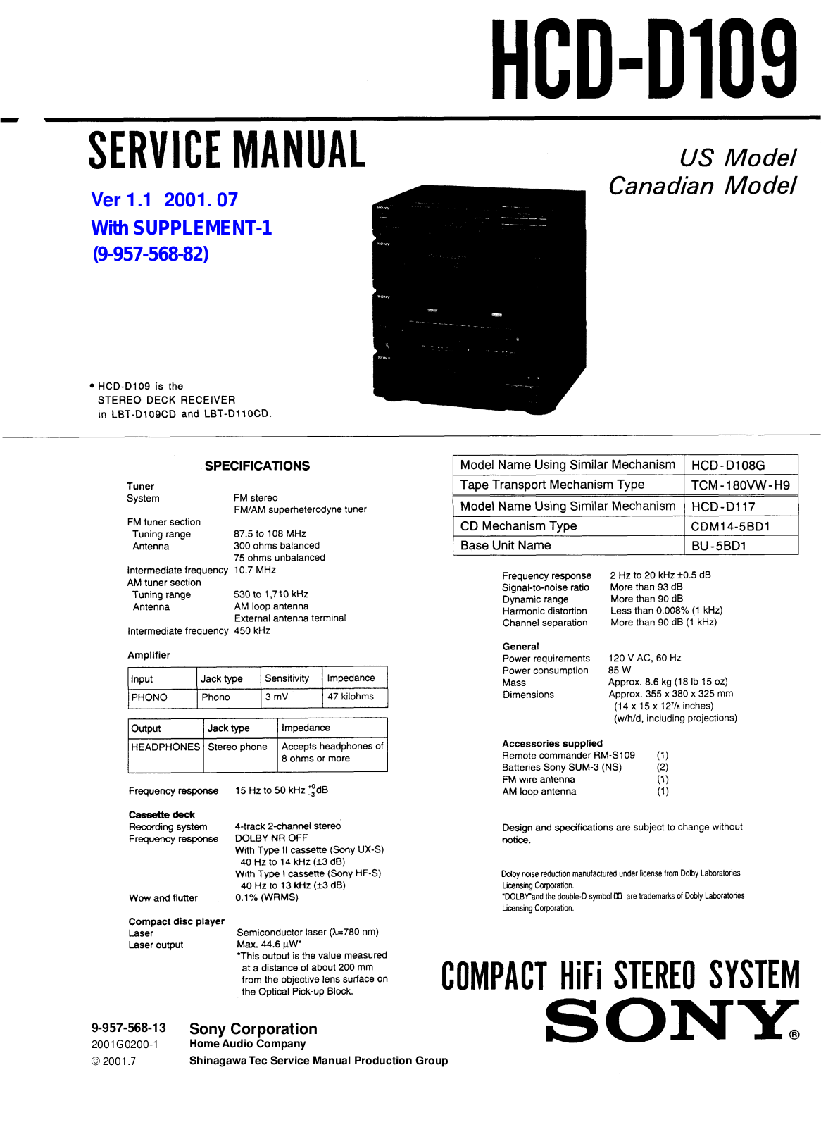Sony HCD D109 Service Manual