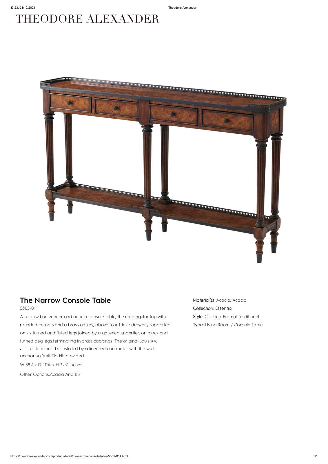 Theodore Alexander FPLJ1264 Specifications - ManualMachine.com