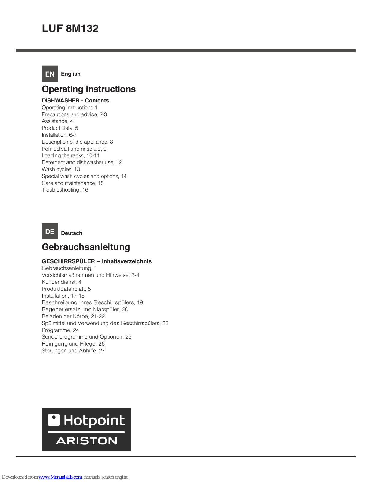 Hotpoint Ariston LUF 8M132 Operating Instructions Manual