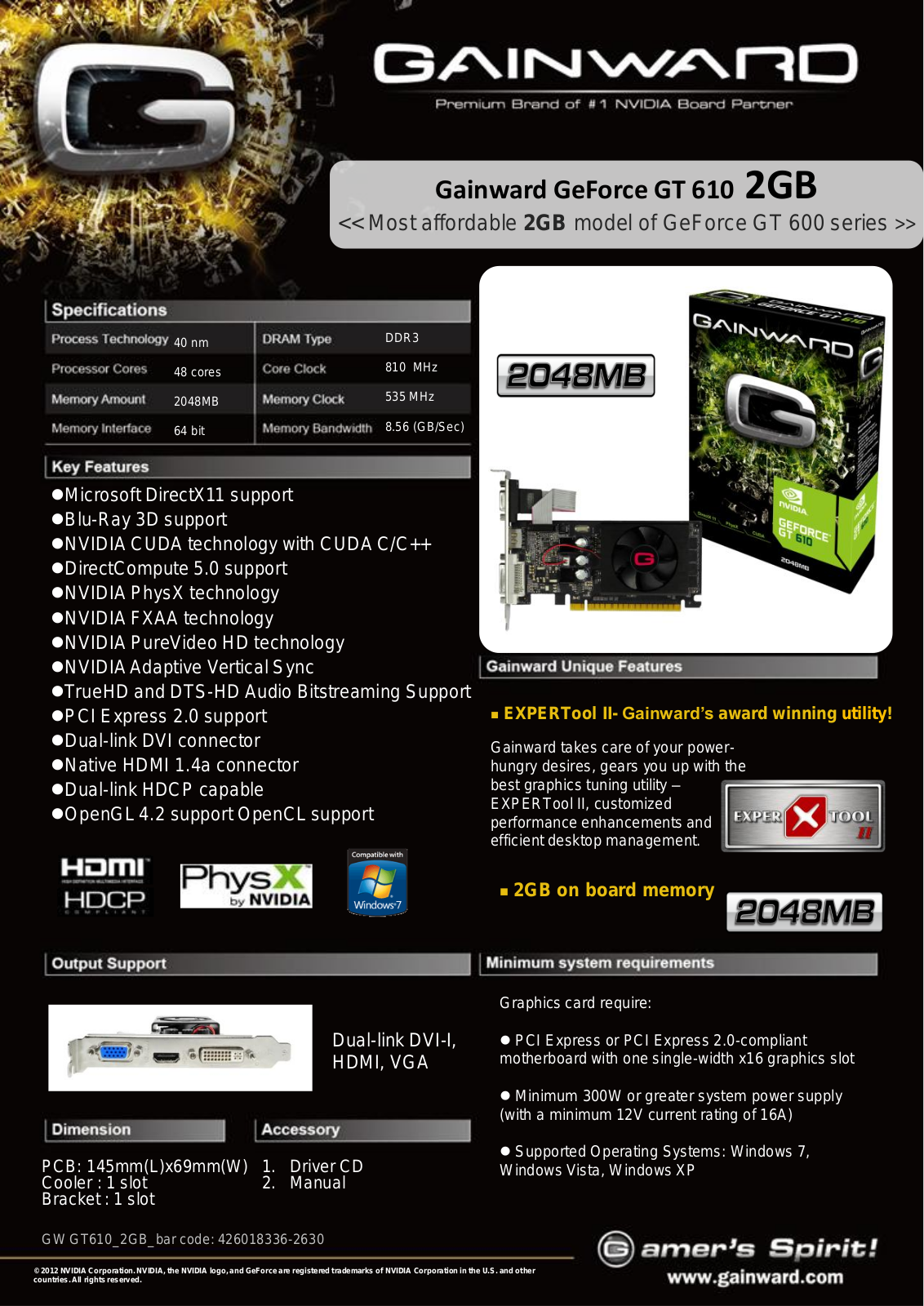 Gainward GeForce GT 610 2GB SPECIFICATIONS