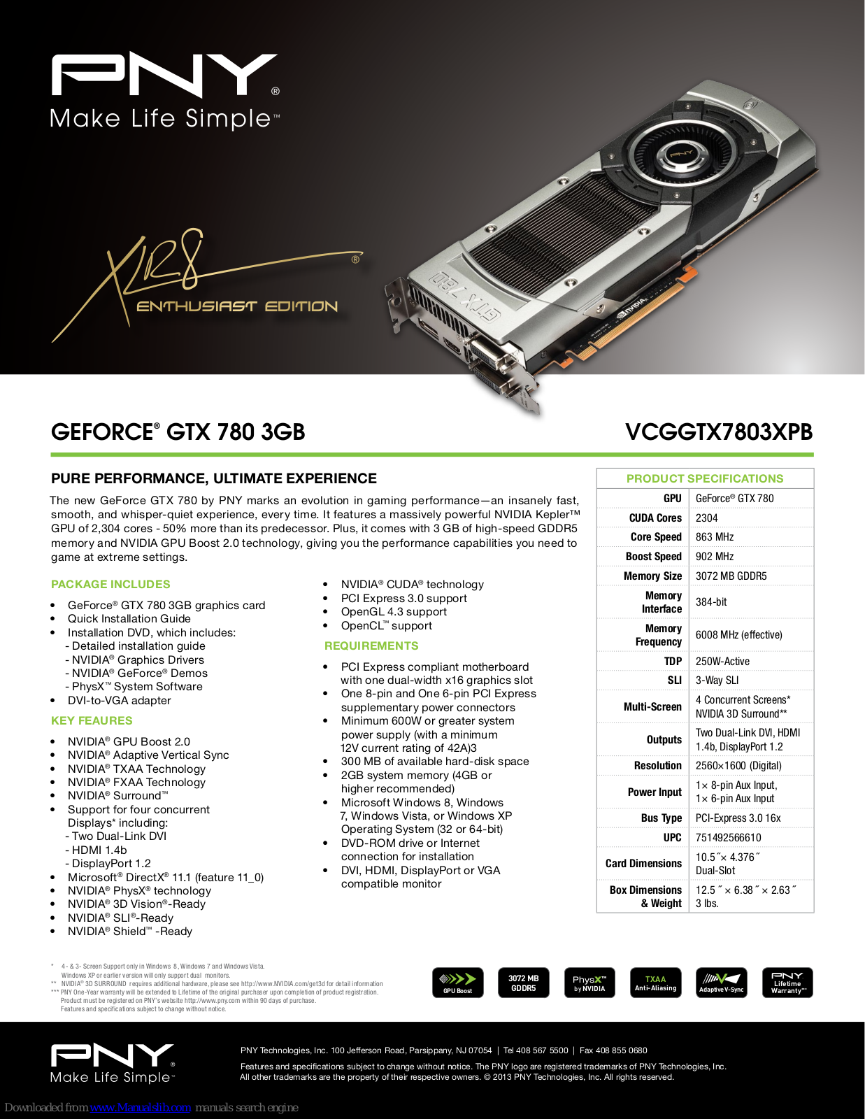 PNY GEFORCE GTX 780 3GB, VCGGTX7803XPB Specification