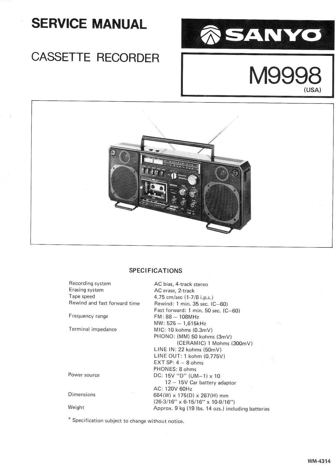 Sanyo M9998 Service Manual