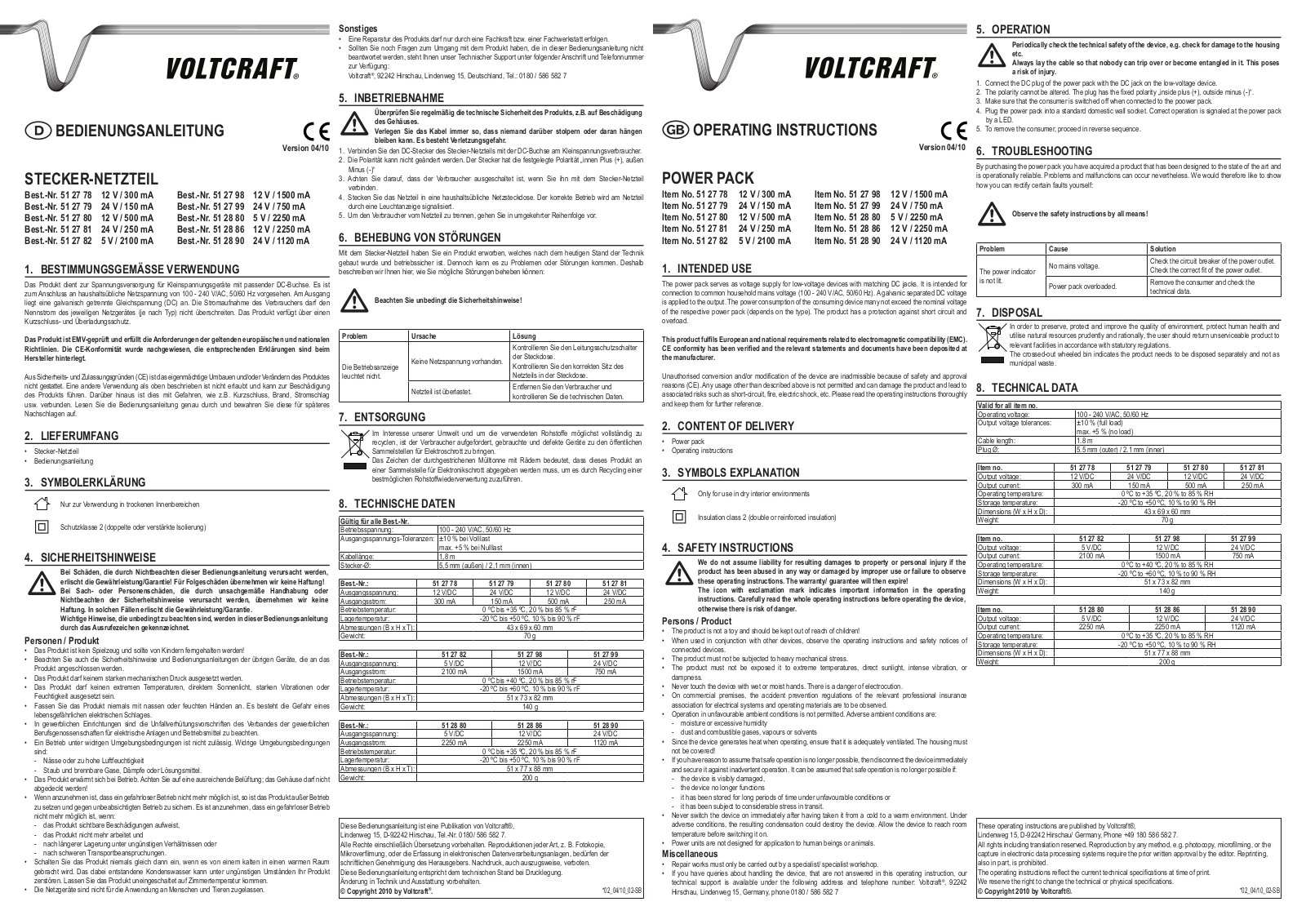 VoltCraft 51 27 78, 51 27 79, 51 27 80, 51 27 81, 51 27 82 Data Sheet