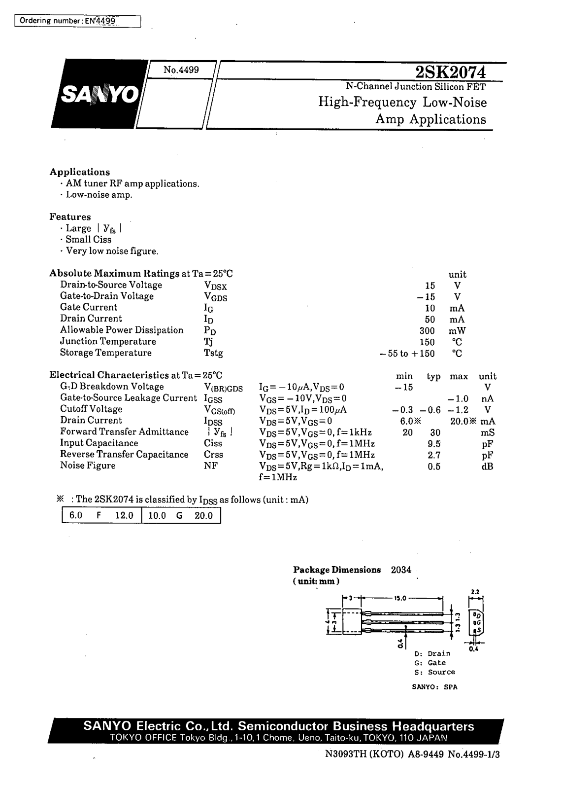 SANYO 2SK2074 Datasheet