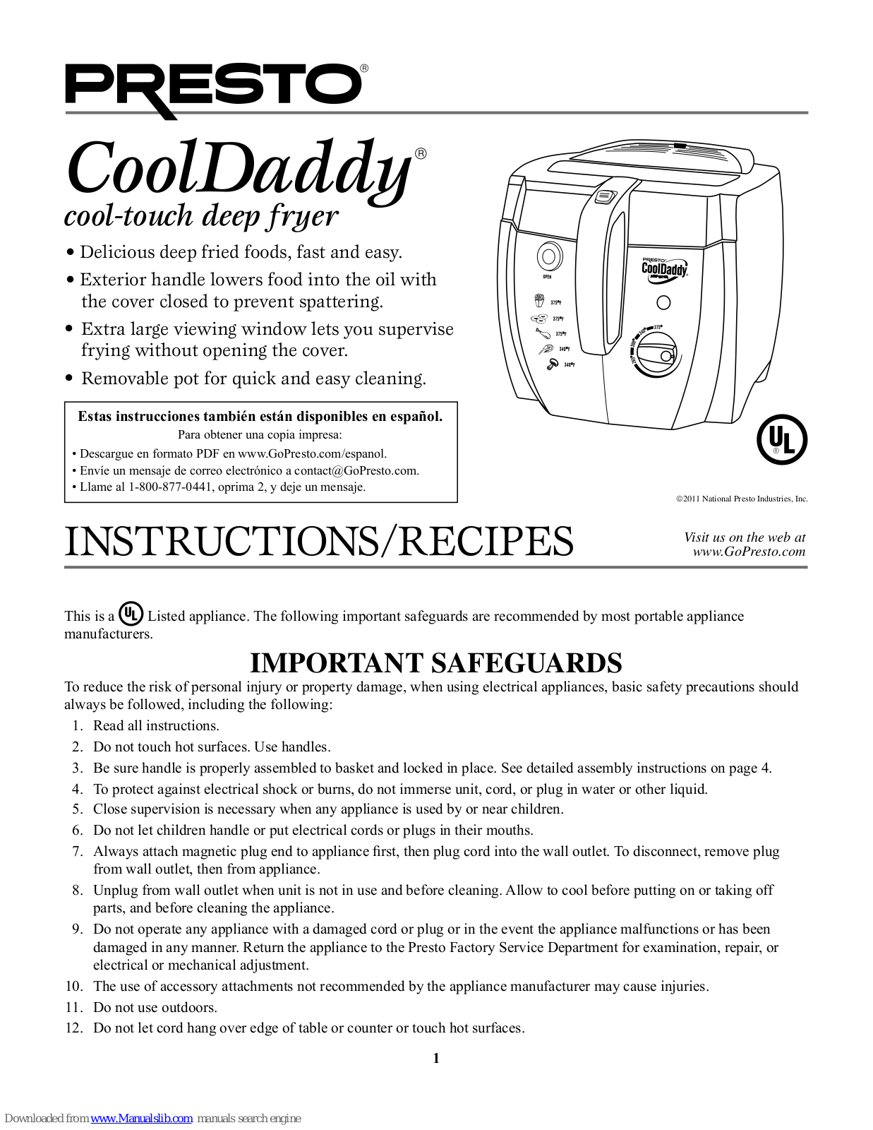 Presto CoolDaddy cool-touch deep fryer, CoolDaddy Instructions & Recipes