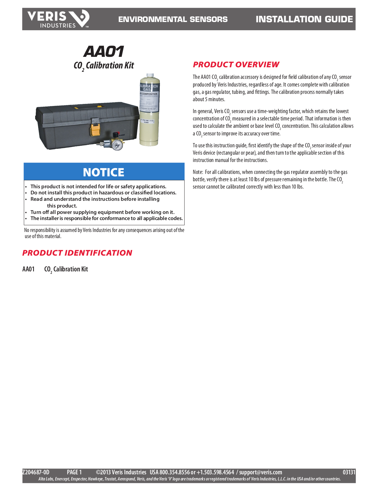 Veris AA01 Installation Instructions